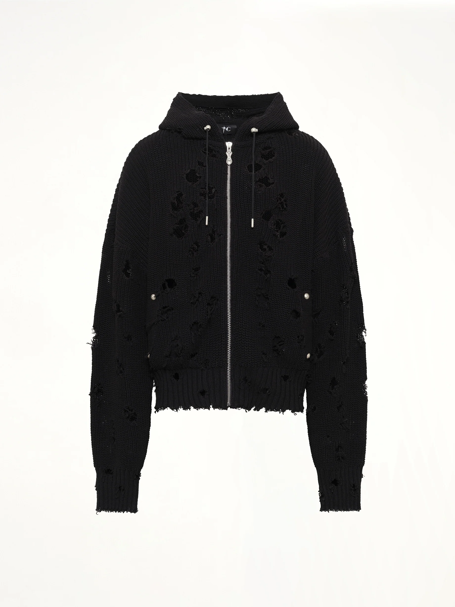 TC Destroyed Knit Zip-Up Hoodie in Black - Image 2