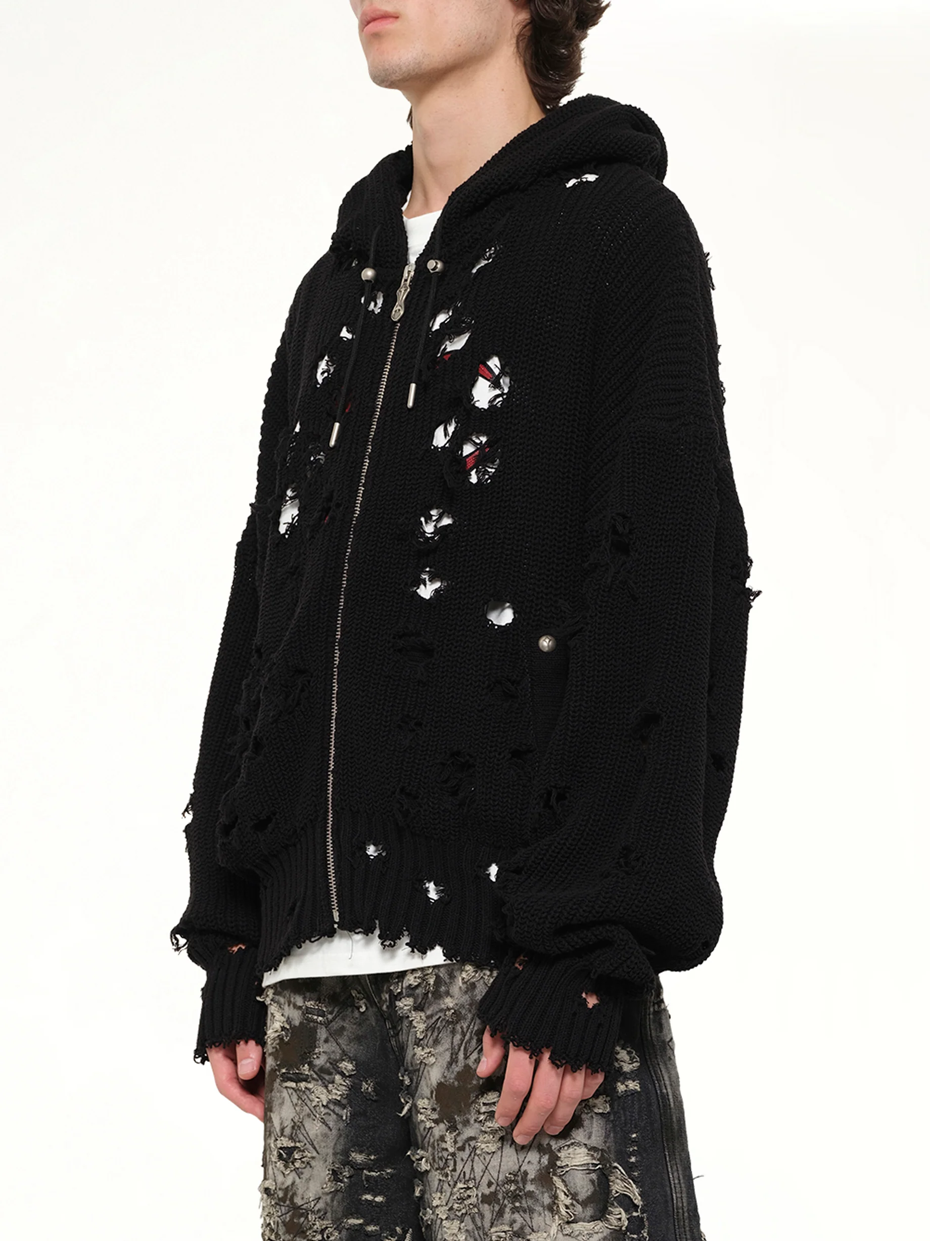 TC Destroyed Knit Zip-Up Hoodie in Black - Image 3