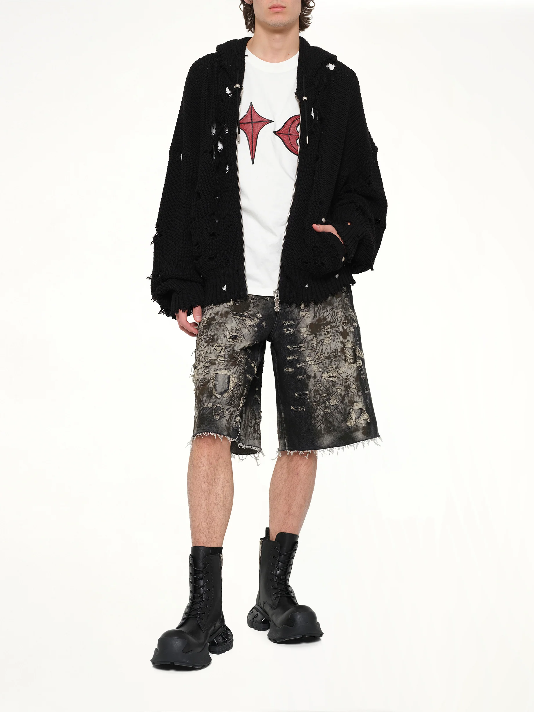 TC Destroyed Knit Zip-Up Hoodie in Black - Image 4
