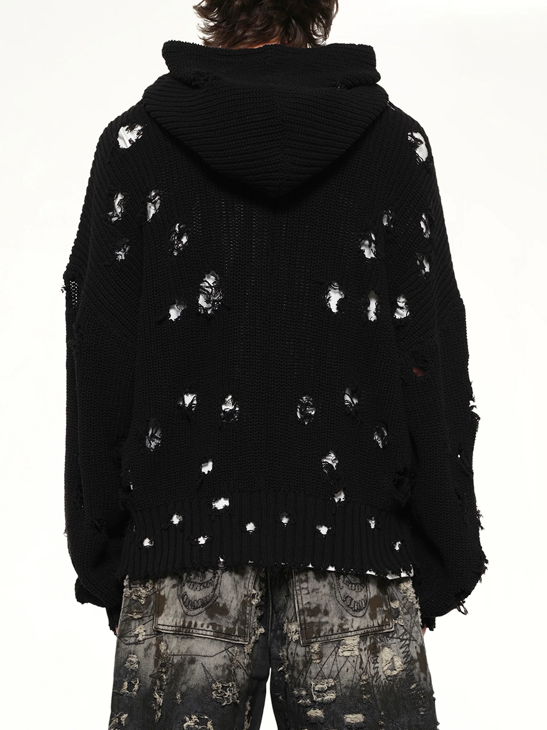 TC Destroyed Knit Zip-Up Hoodie in Black - Image 5