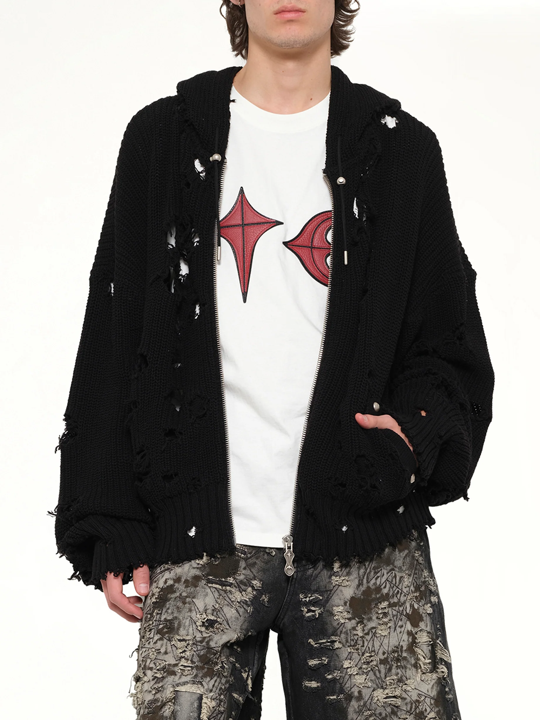 TC Destroyed Knit Zip-Up Hoodie in Black - Image 6