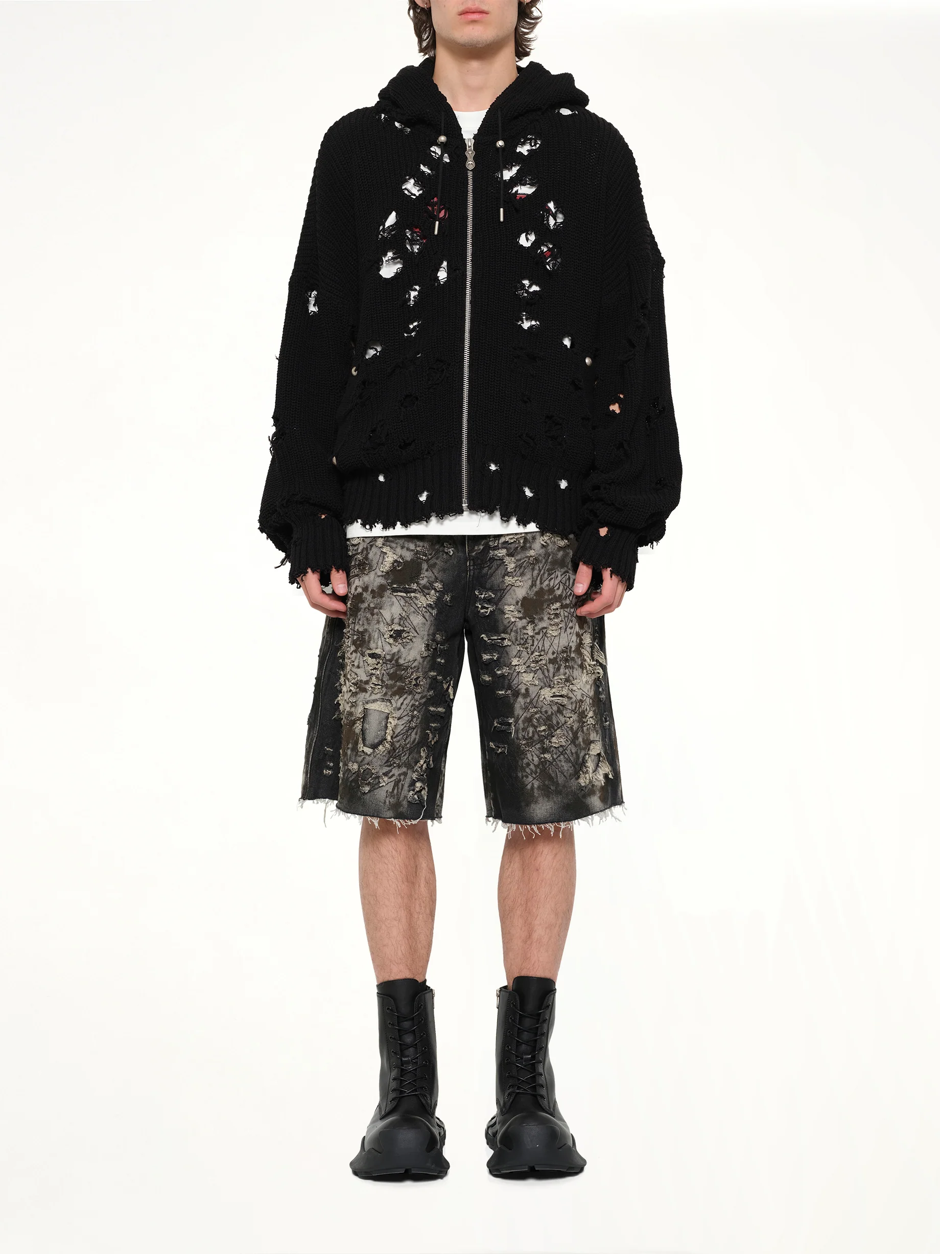 TC Destroyed Knit Zip-Up Hoodie in Black - Image 7