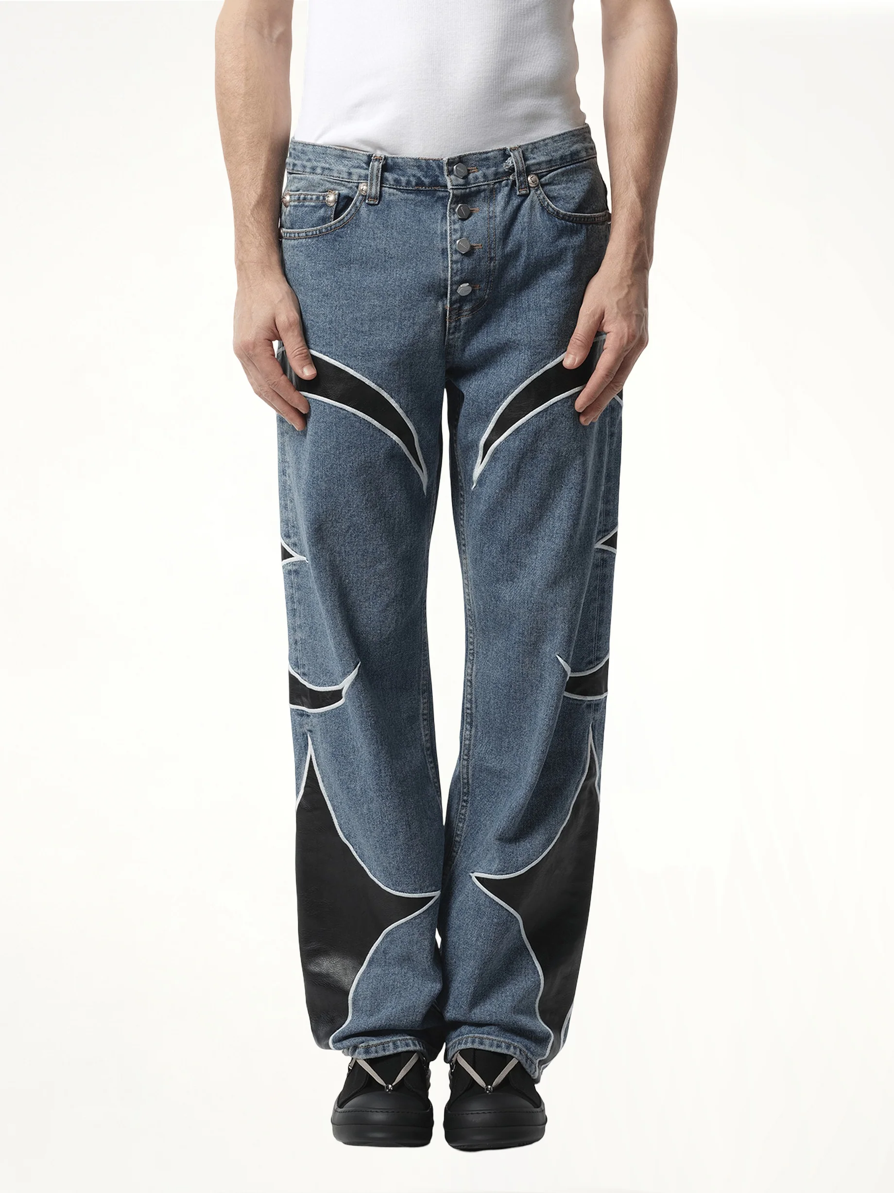 TC Leather Washing Denim Pants in Blue/Black