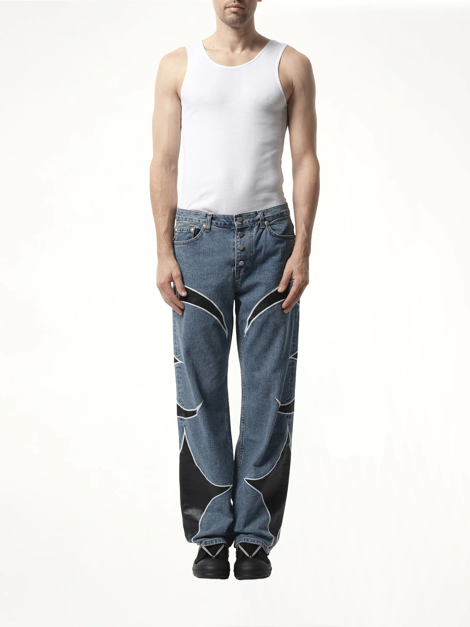 TC Leather Washing Denim Pants in Blue/Black - Image 4