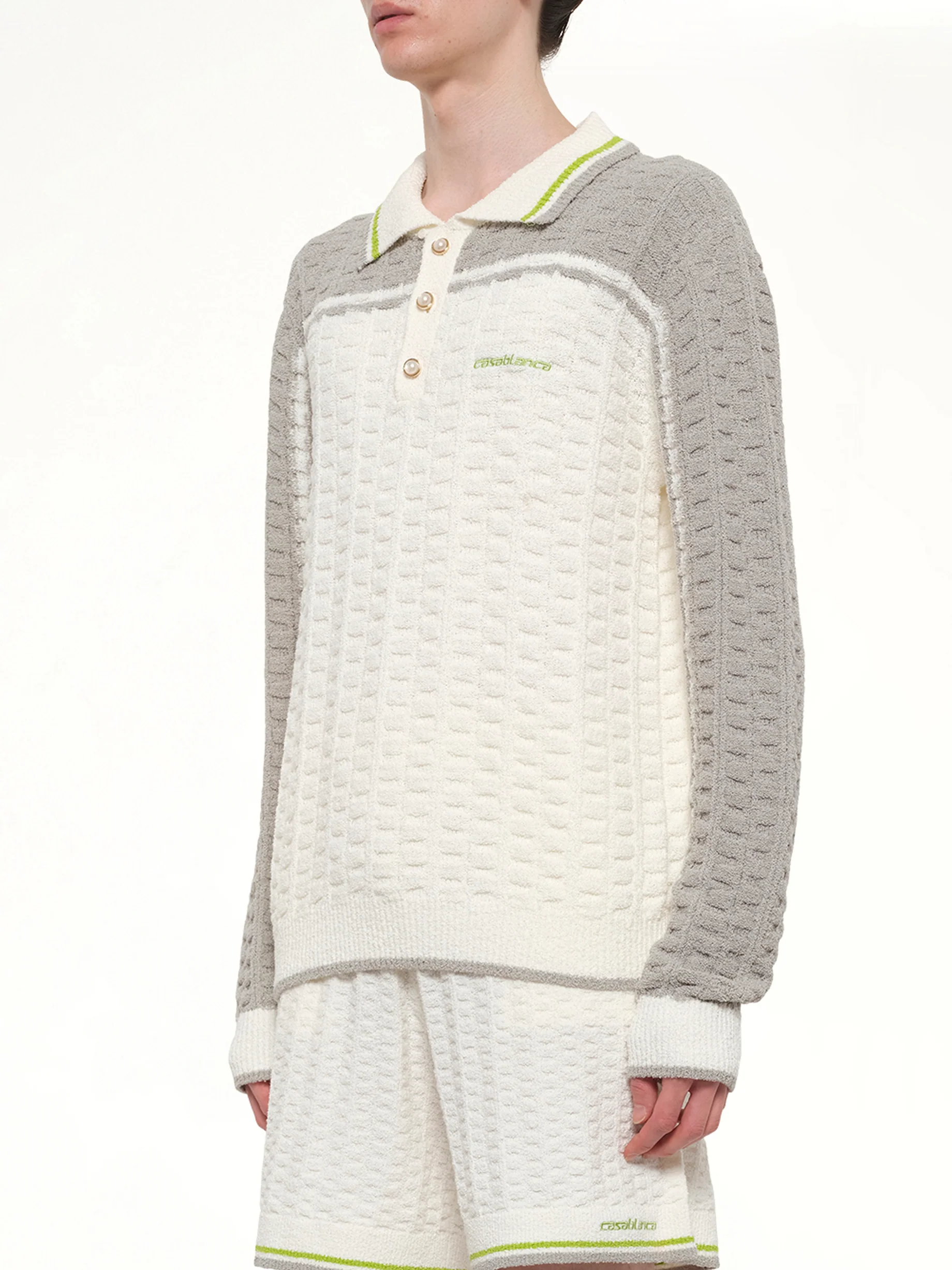 Tennis Boucle Long Sleeve Polo Shirt in White - Image 3