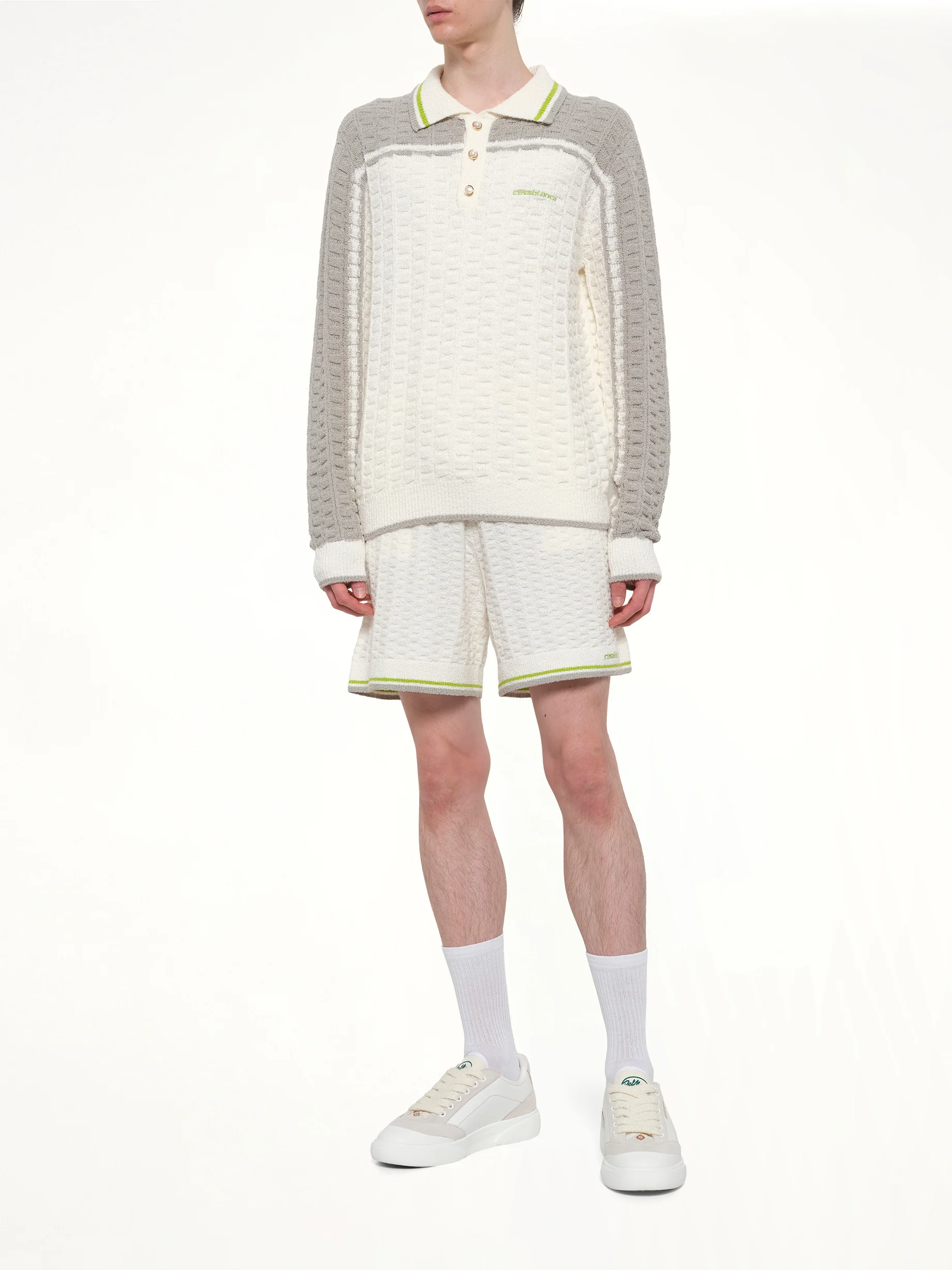 Tennis Boucle Long Sleeve Polo Shirt in White - Image 4