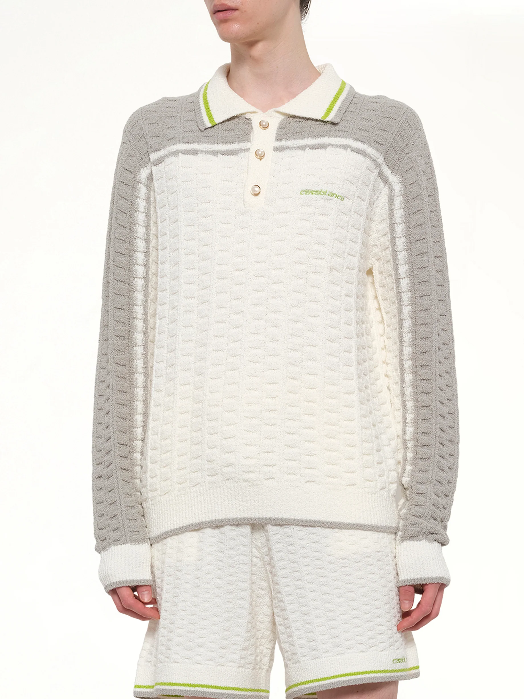 Tennis Boucle Long Sleeve Polo Shirt in White - Image 7