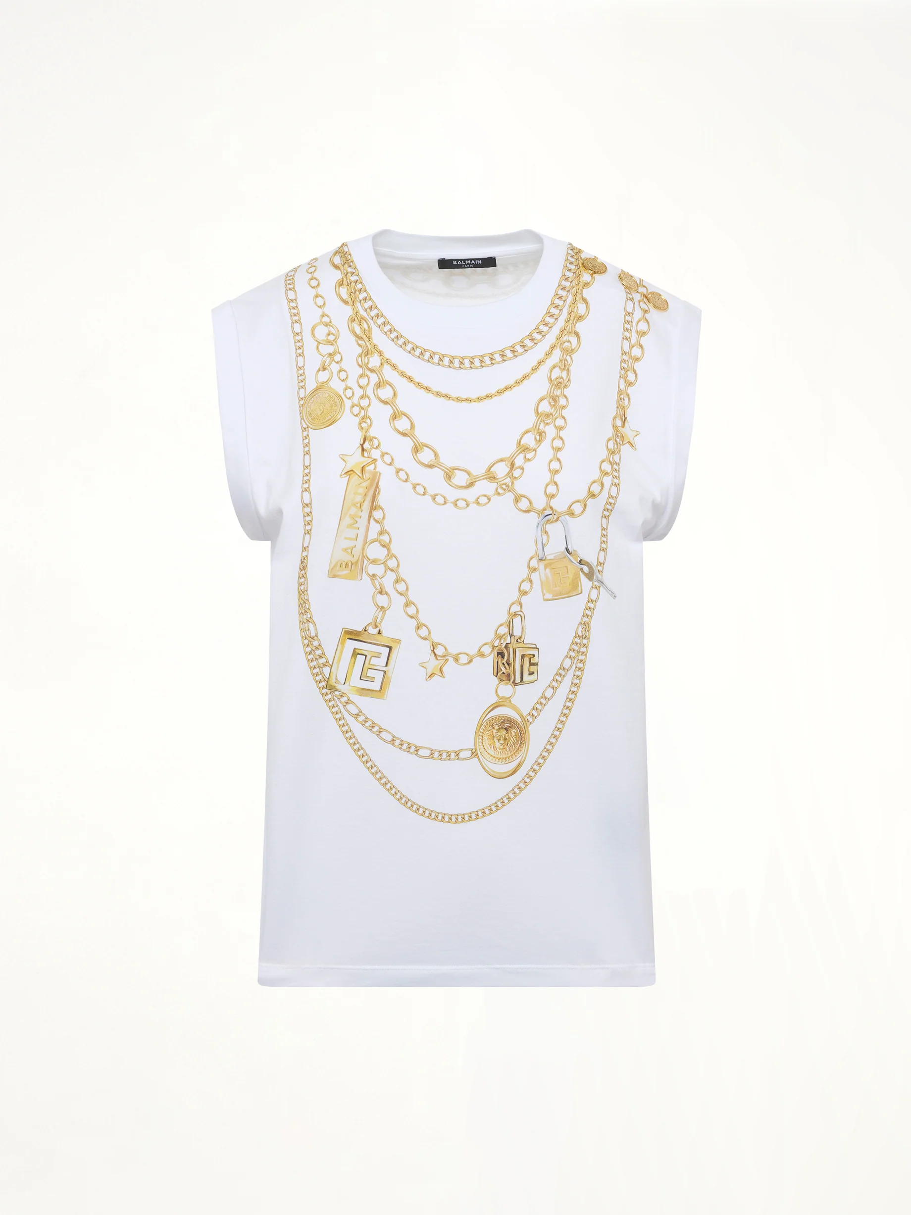 Trompe L'Oeil Necklace Print Tank Top in White/Gold - Image 2
