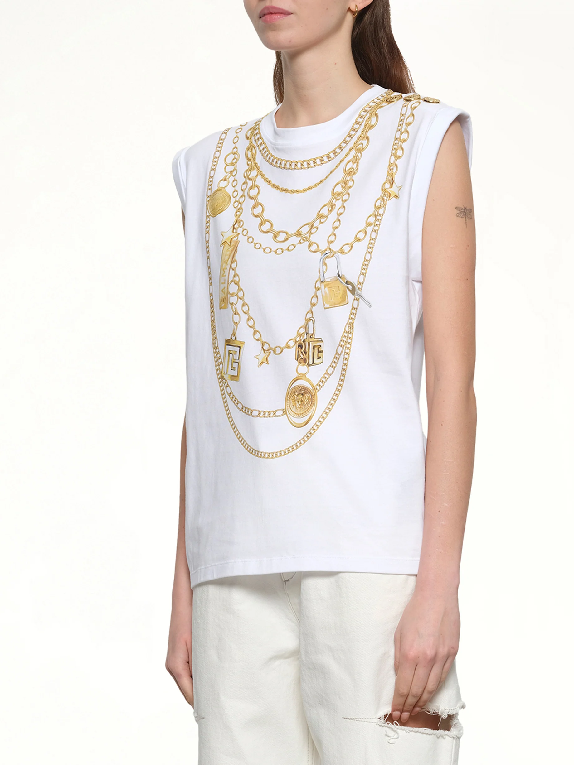 Trompe L'Oeil Necklace Print Tank Top in White/Gold - Image 3