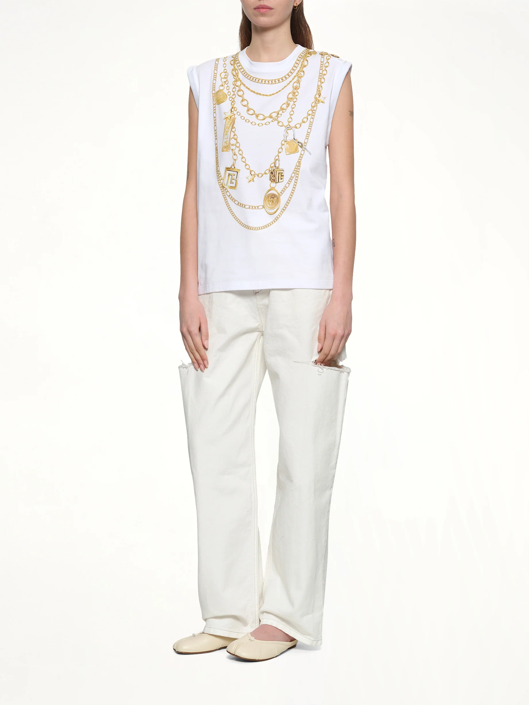 Trompe L'Oeil Necklace Print Tank Top in White/Gold - Image 4