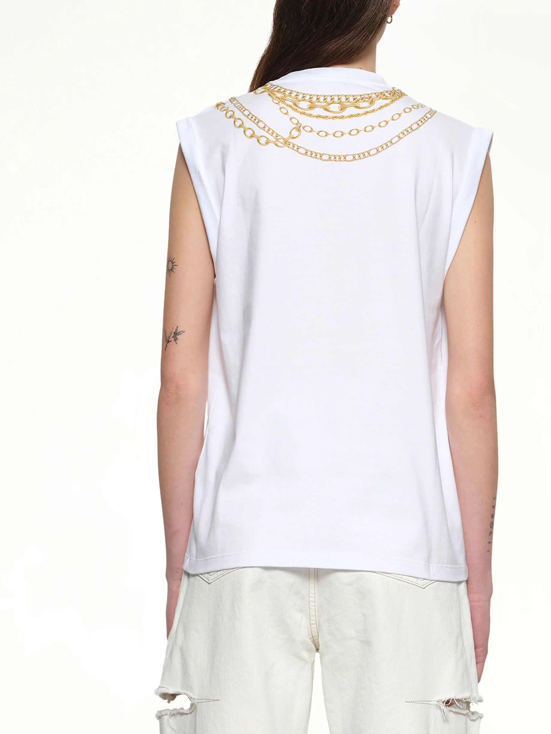 Trompe L'Oeil Necklace Print Tank Top in White/Gold - Image 5