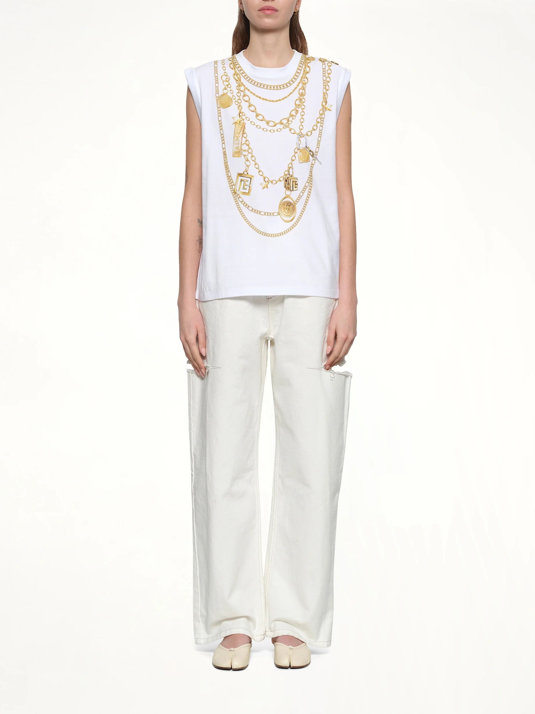 Trompe L'Oeil Necklace Print Tank Top in White/Gold - Image 7
