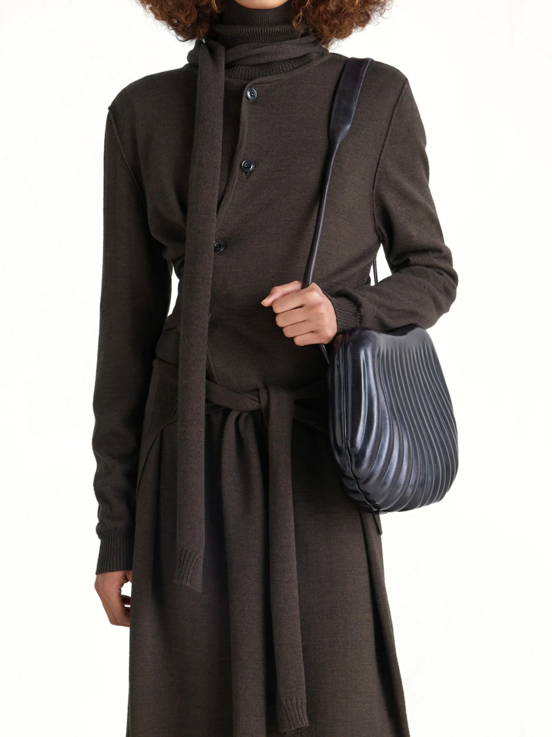 Twisted Cardigan With Scarf in Dark Cacao