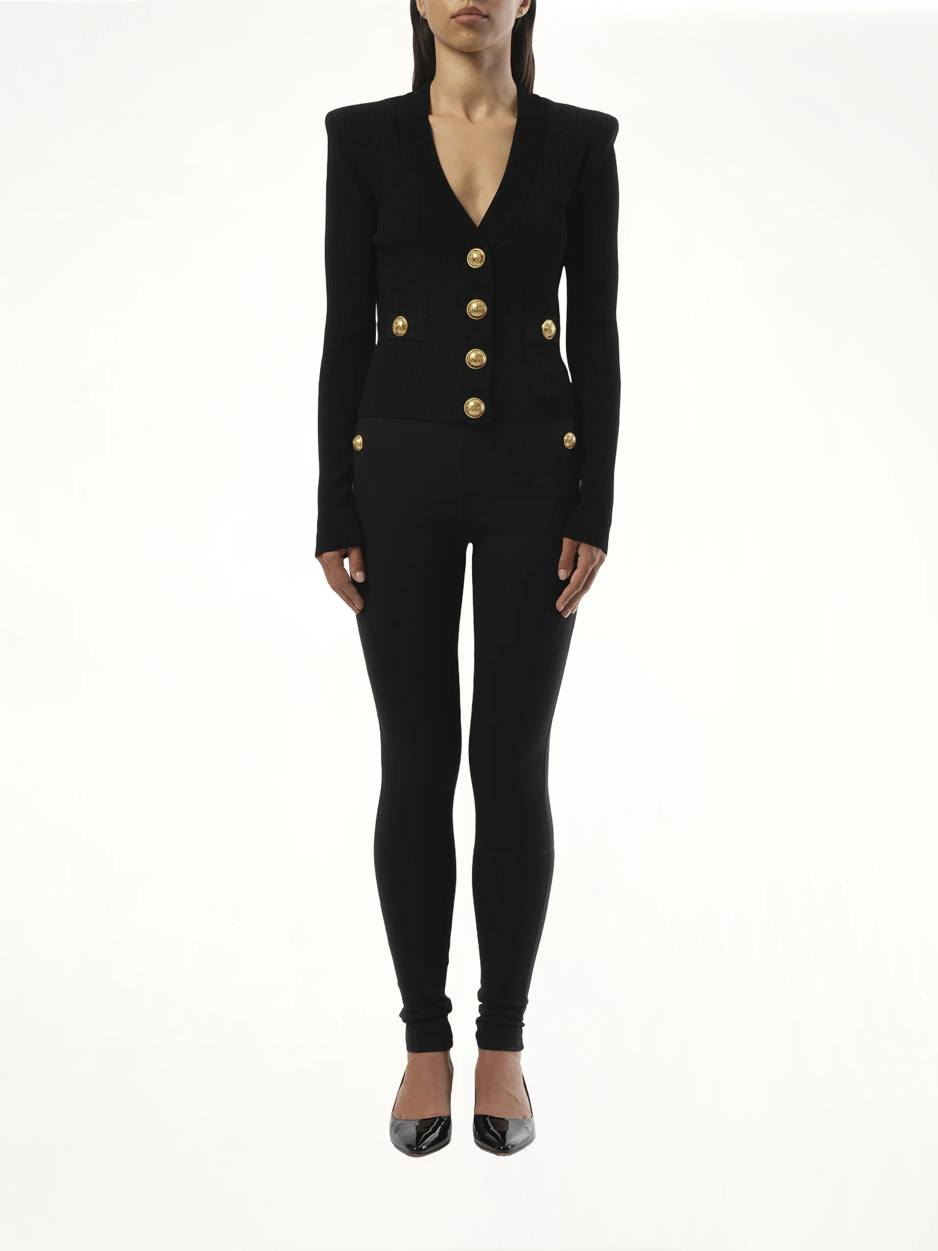V-Neck 2 Pockets Buttoned Knit Cardigan in Black - Image 4