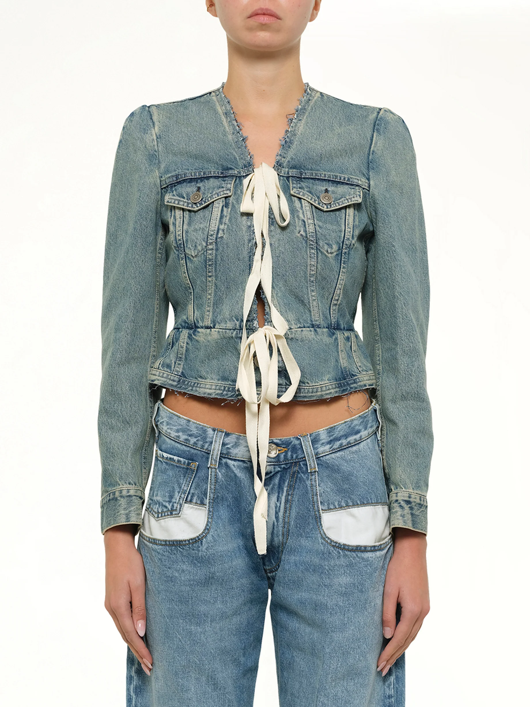 V Neck Denim Jacket in Ice Blue