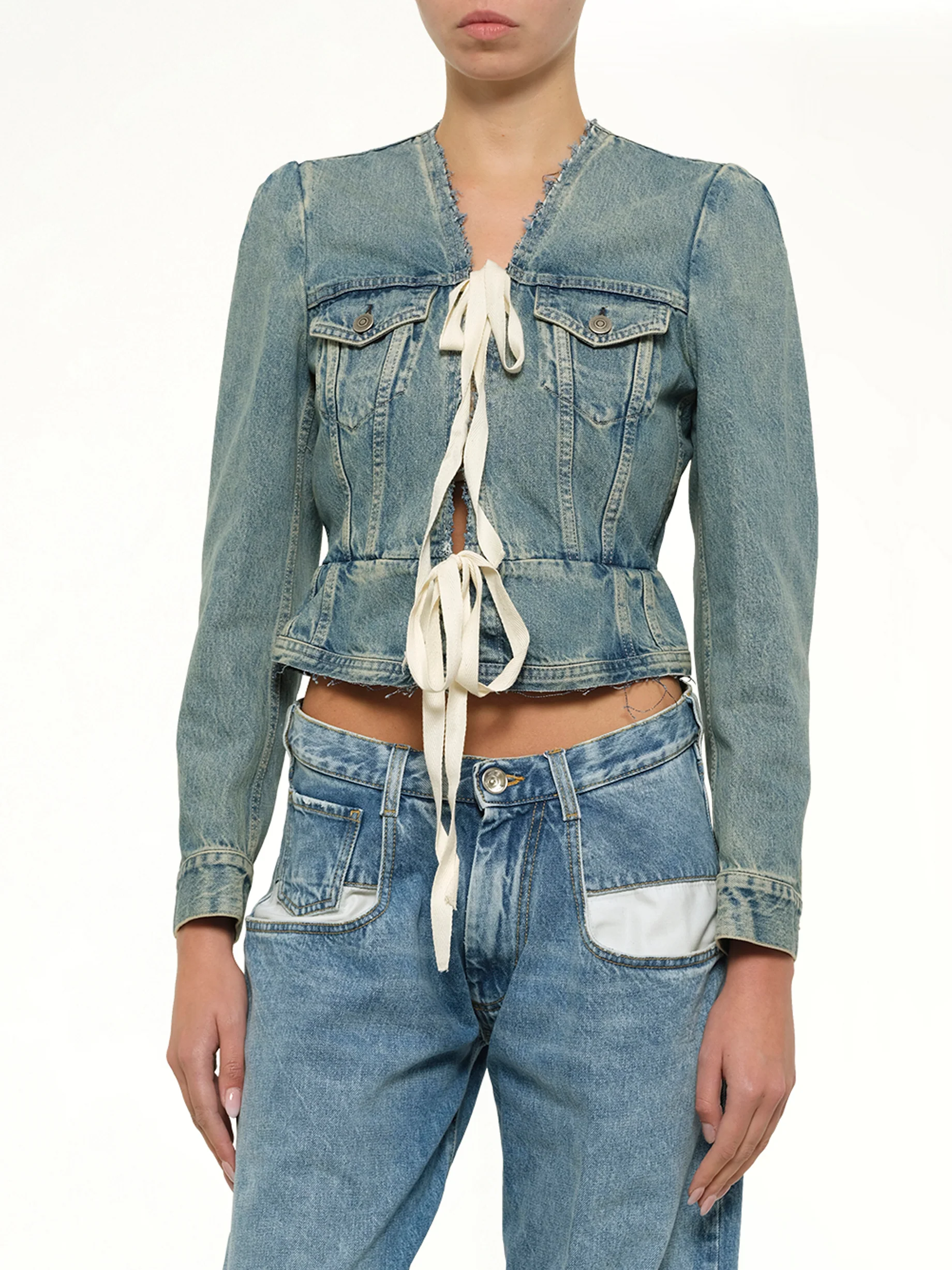 V Neck Denim Jacket in Ice Blue - Image 6