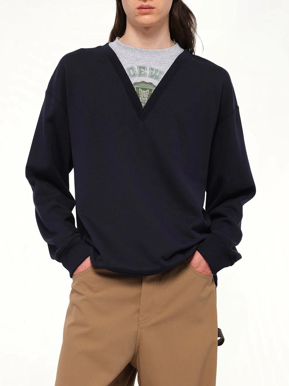 Varsity V-Neck Sweatshirt in Dark Navy Blue - Image 6