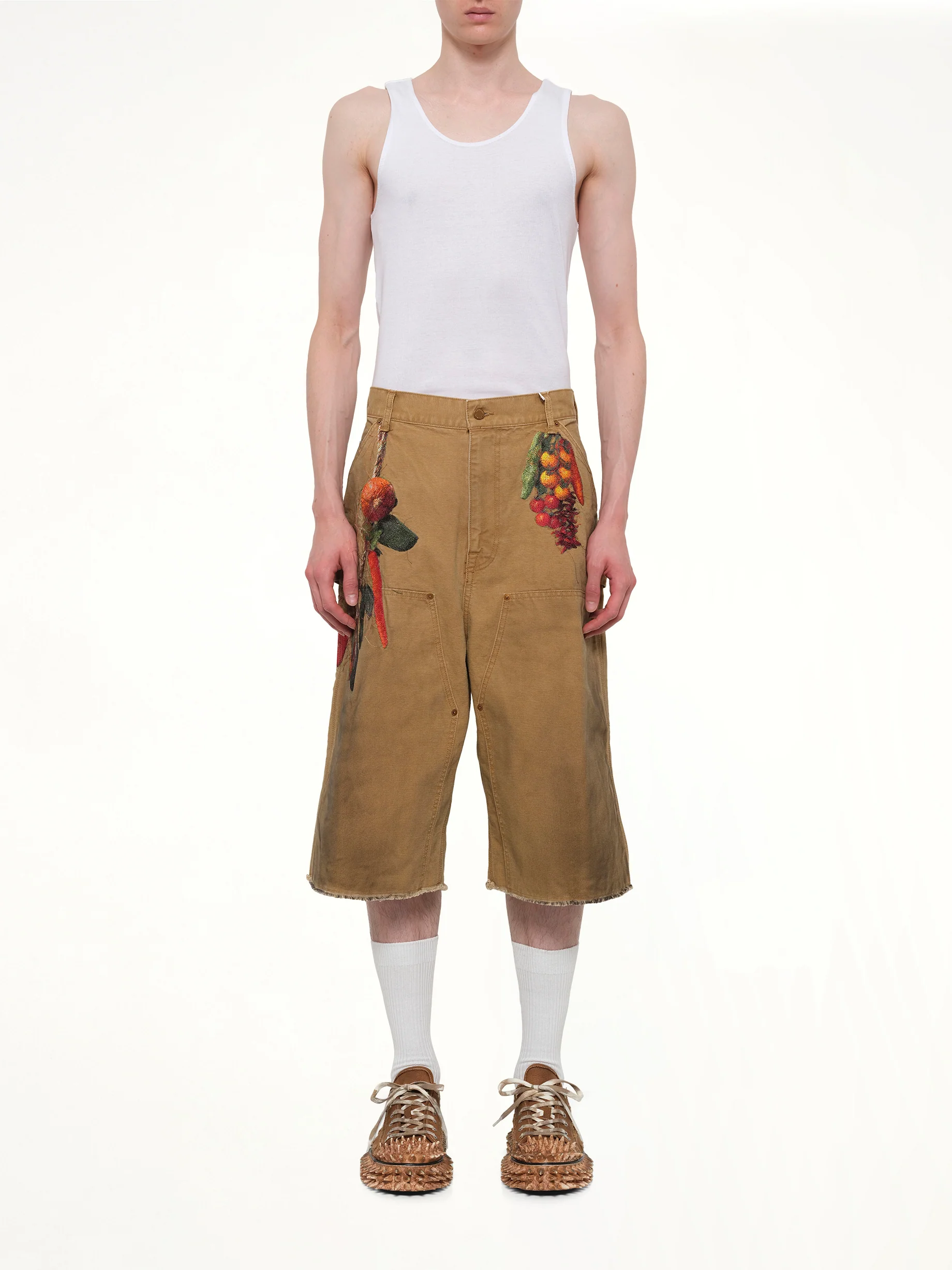 Vegetable Embroidery Cut-Off Pants in Beige - Image 7