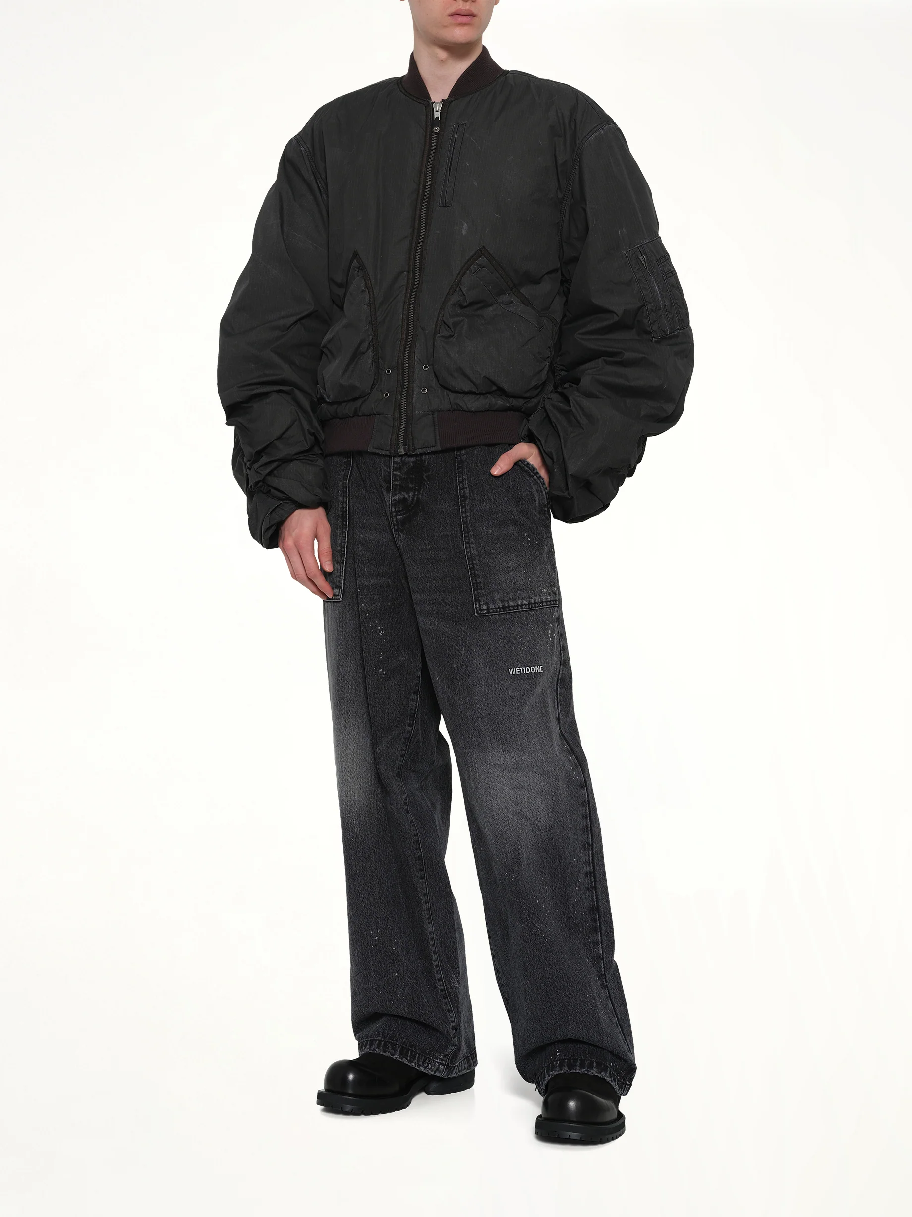 Washed Nylon Bomber in Black - Image 4