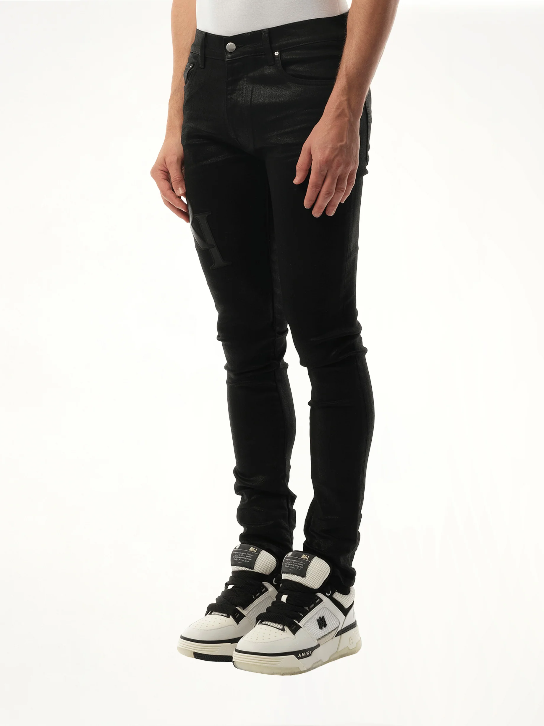 Waxed Staggered Logo Skinny Jeans in Black Wax - Image 3