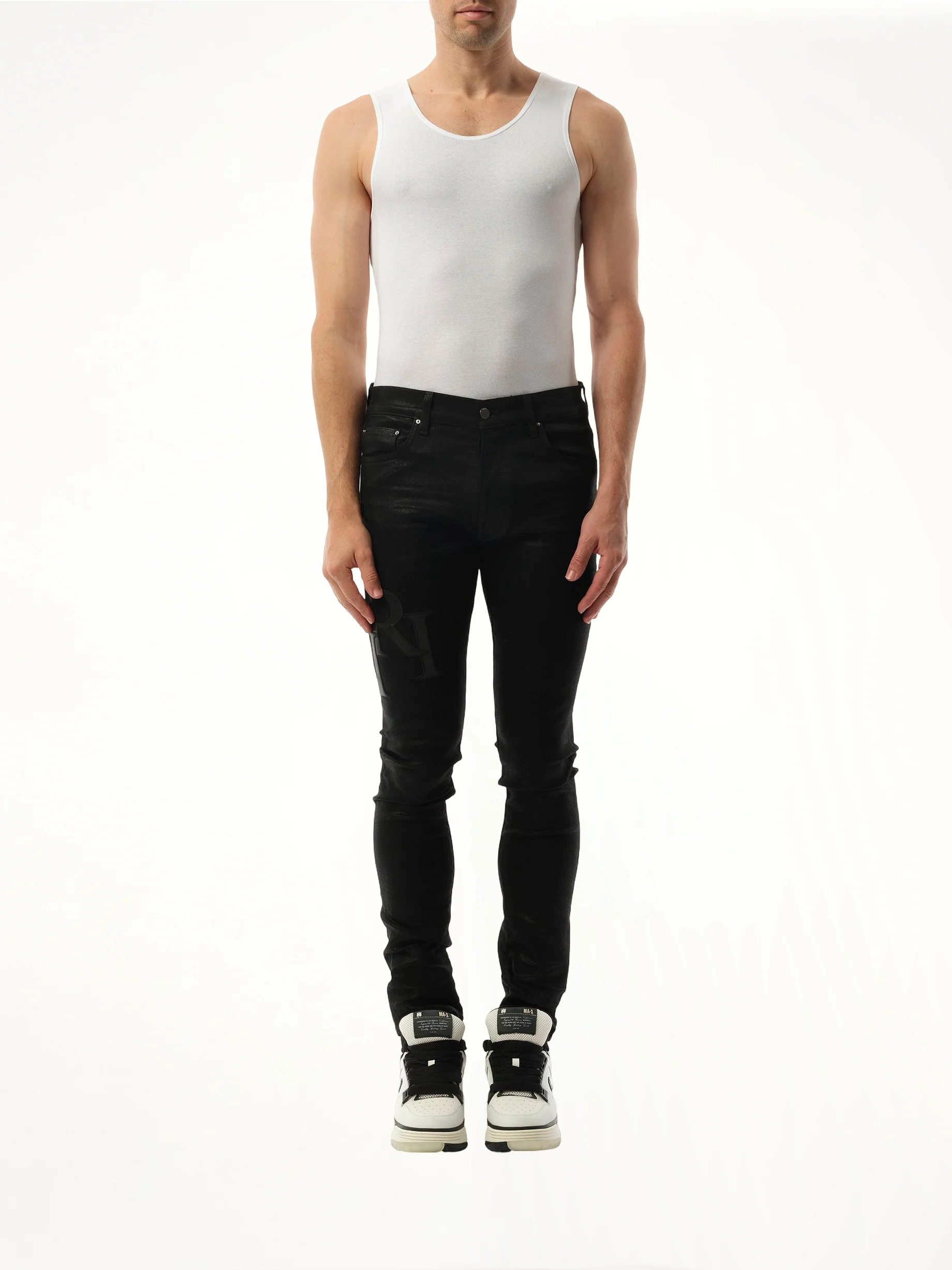 Waxed Staggered Logo Skinny Jeans in Black Wax - Image 4