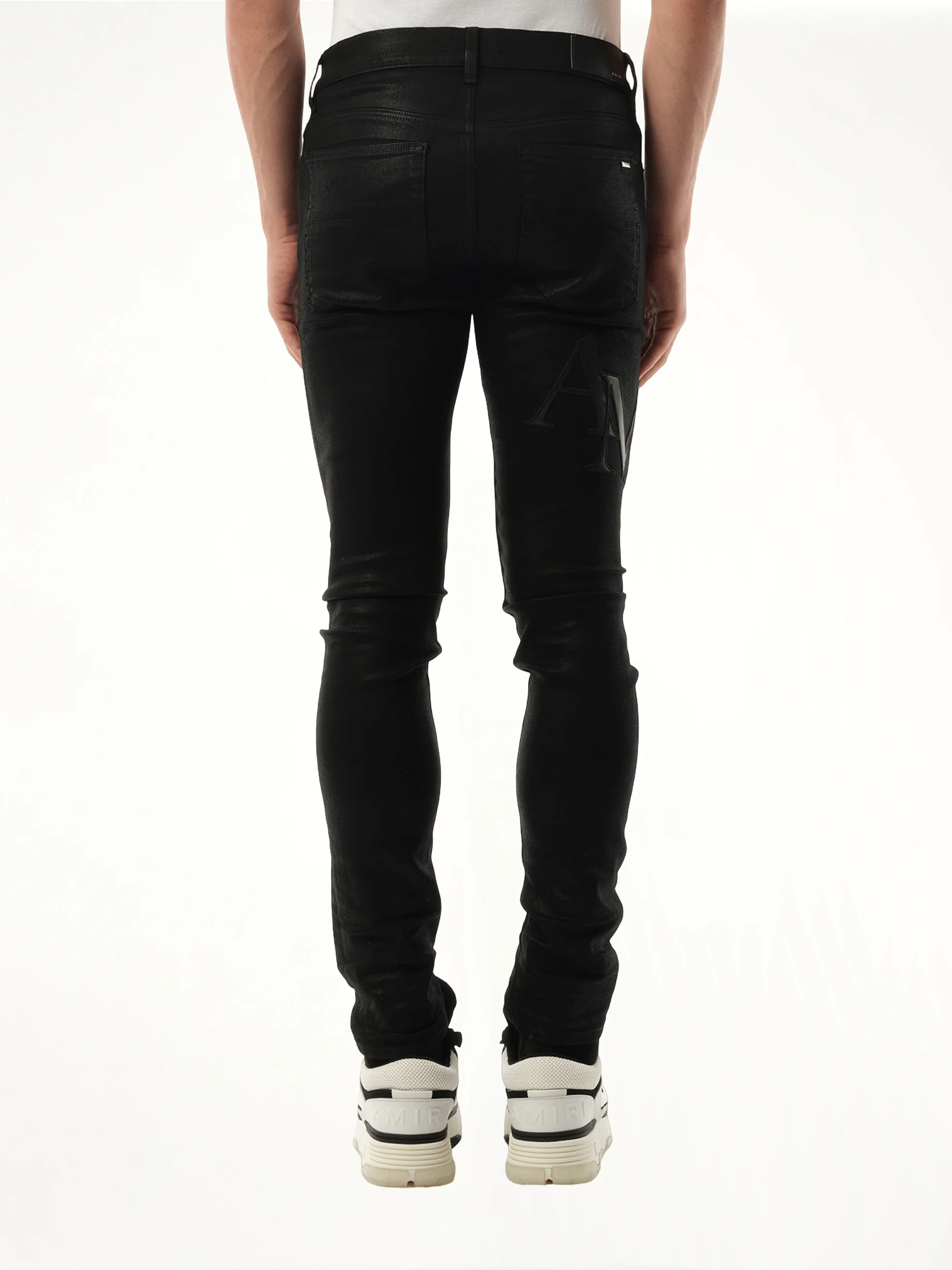 Waxed Staggered Logo Skinny Jeans in Black Wax - Image 5