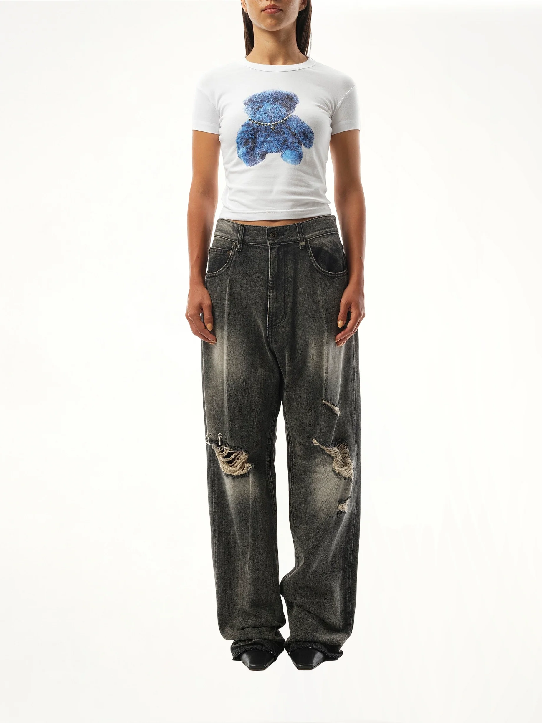 Studded Bear Cropped T-Shirt in White - Image 4
