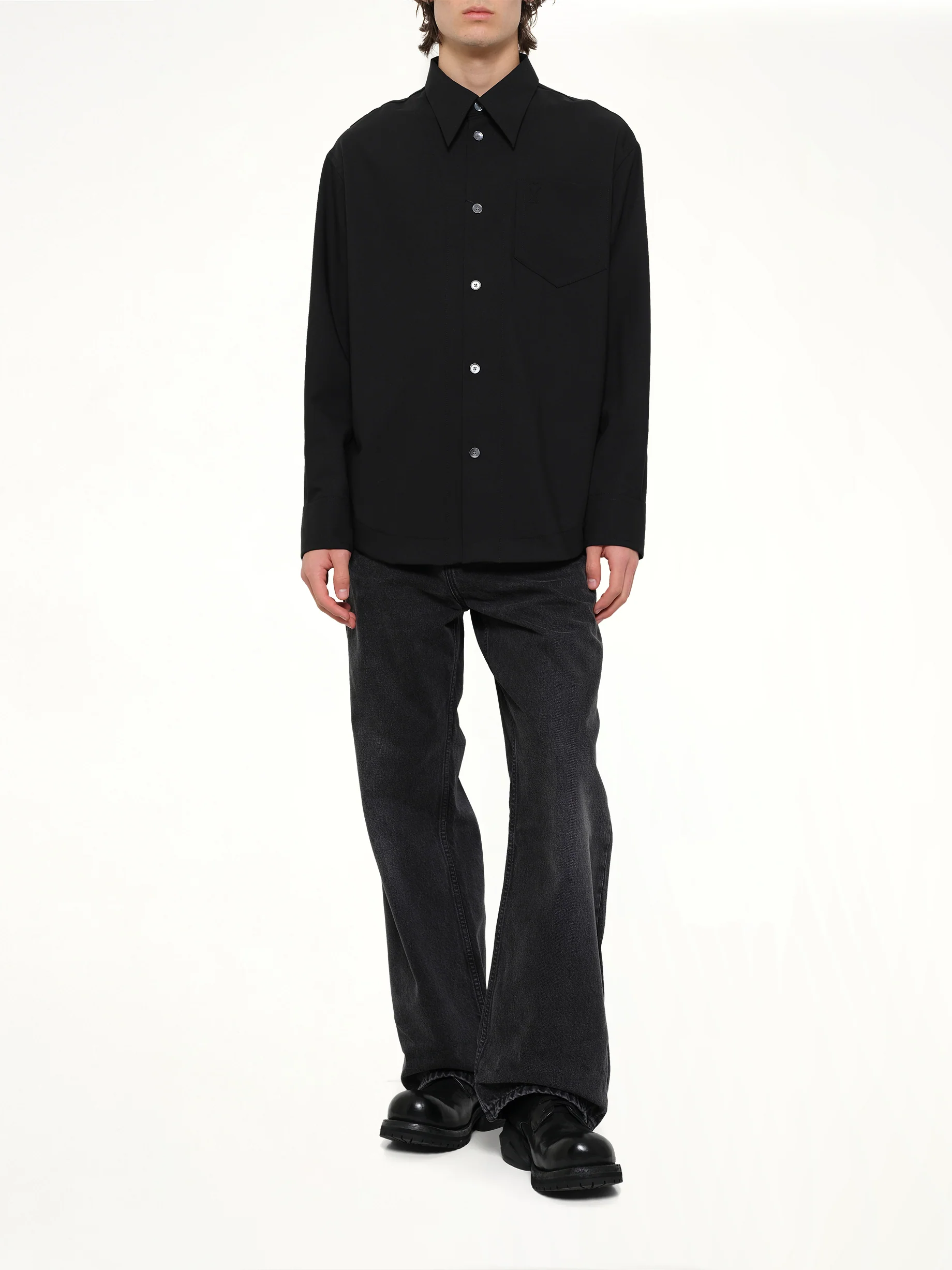Wool Garbadine Embossed ADC Shirt in Black - Image 4