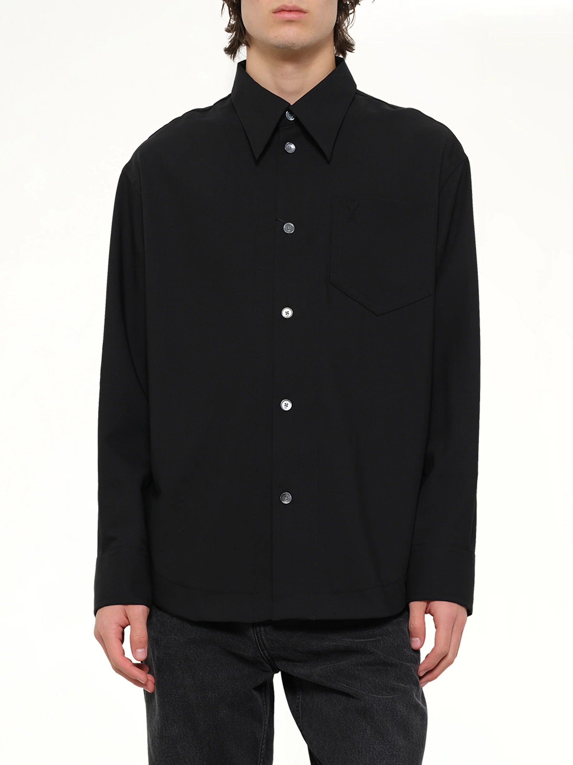 Wool Garbadine Embossed ADC Shirt in Black - Image 6