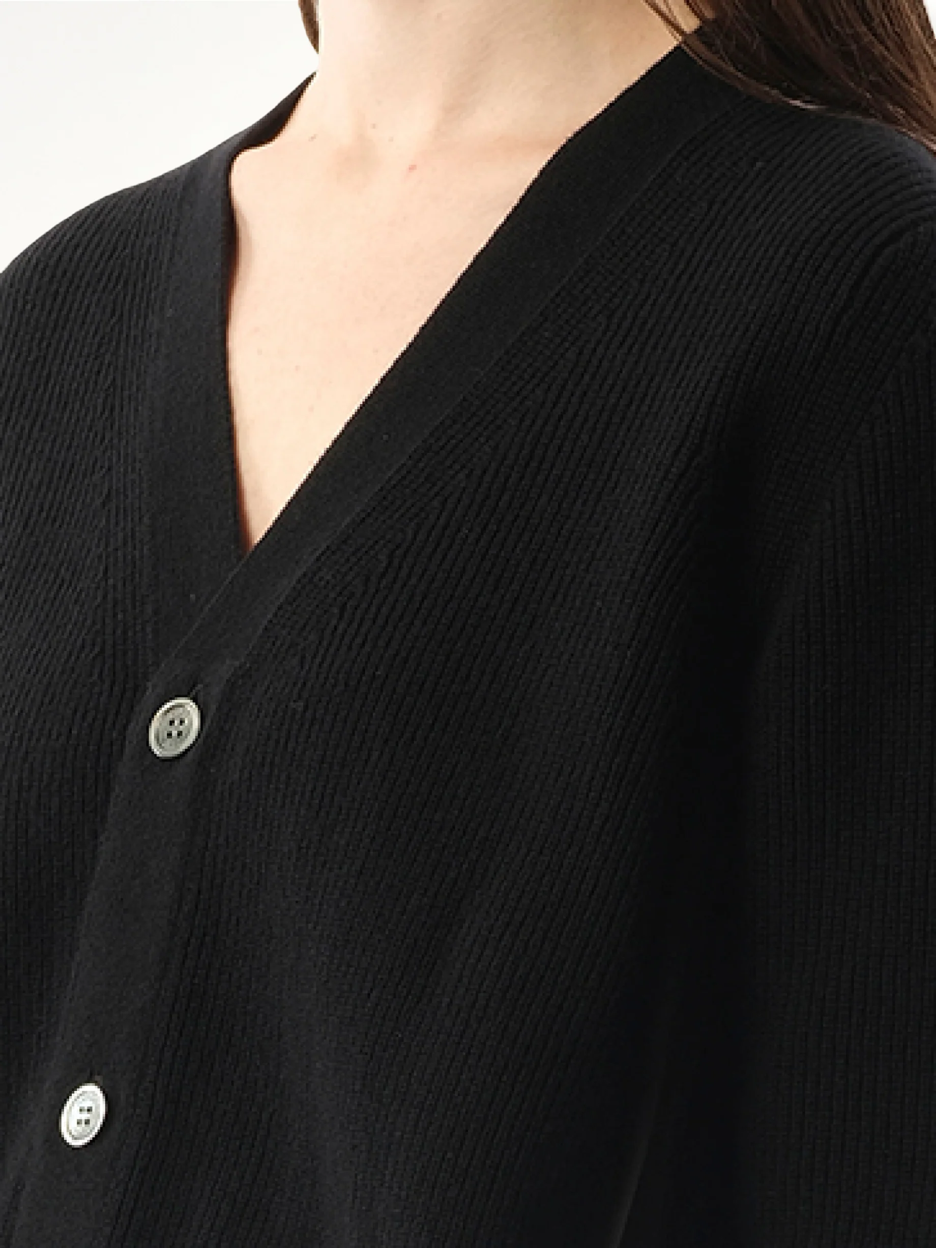 Wool Knit x Cotton Poplin Cardigan in Black - Image 3