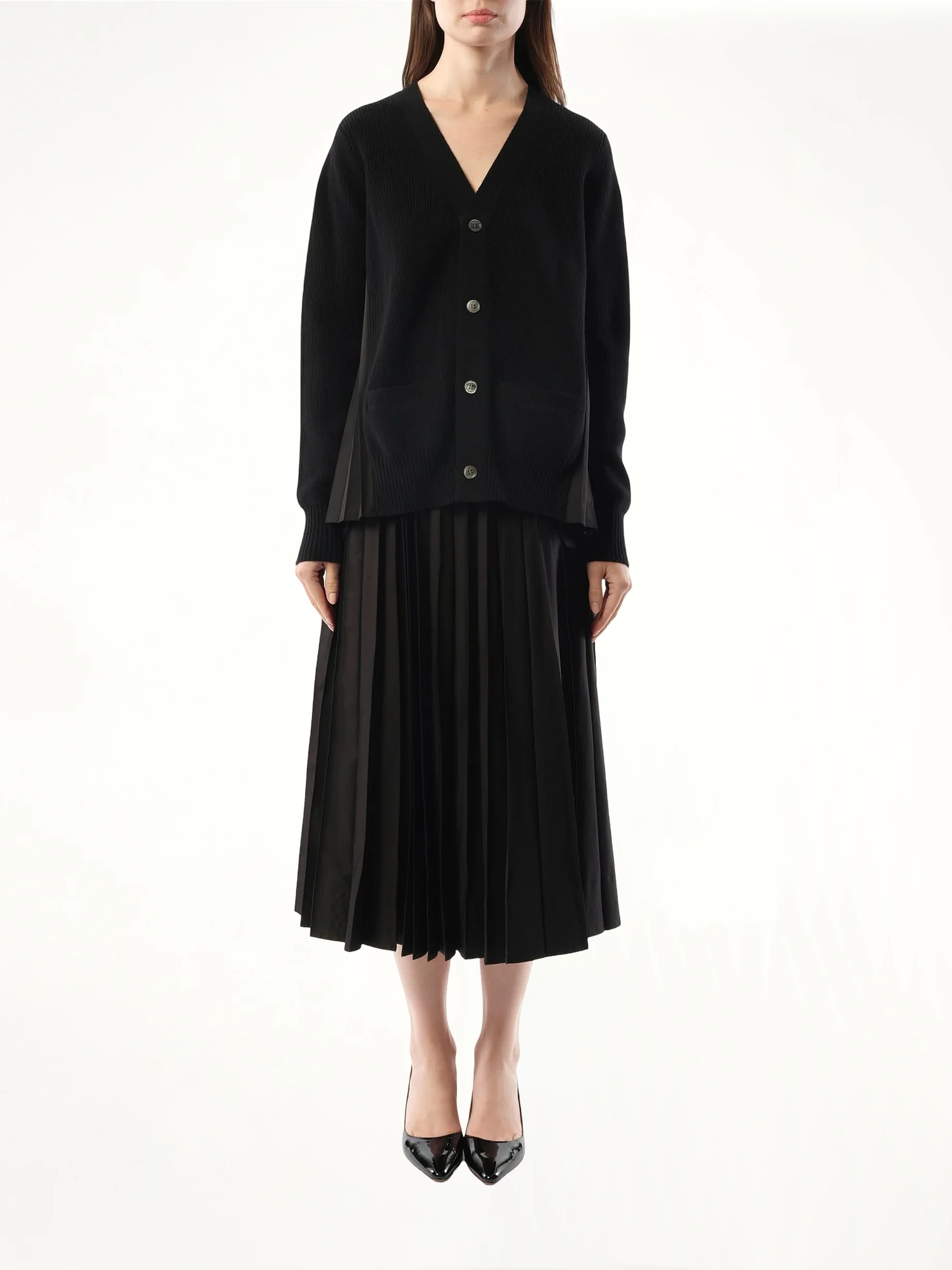 Wool Knit x Cotton Poplin Cardigan in Black - Image 4