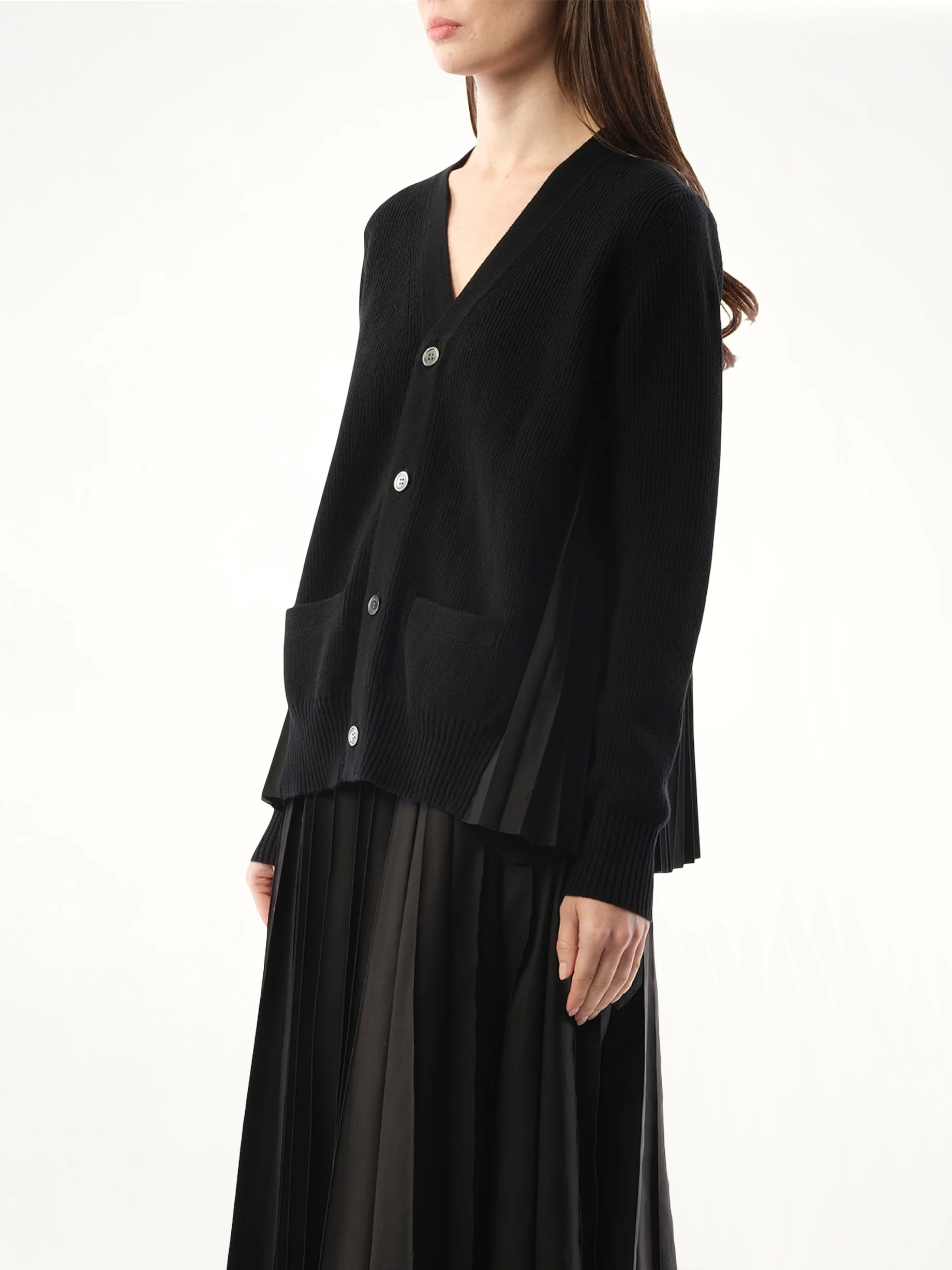 Wool Knit x Cotton Poplin Cardigan in Black - Image 5