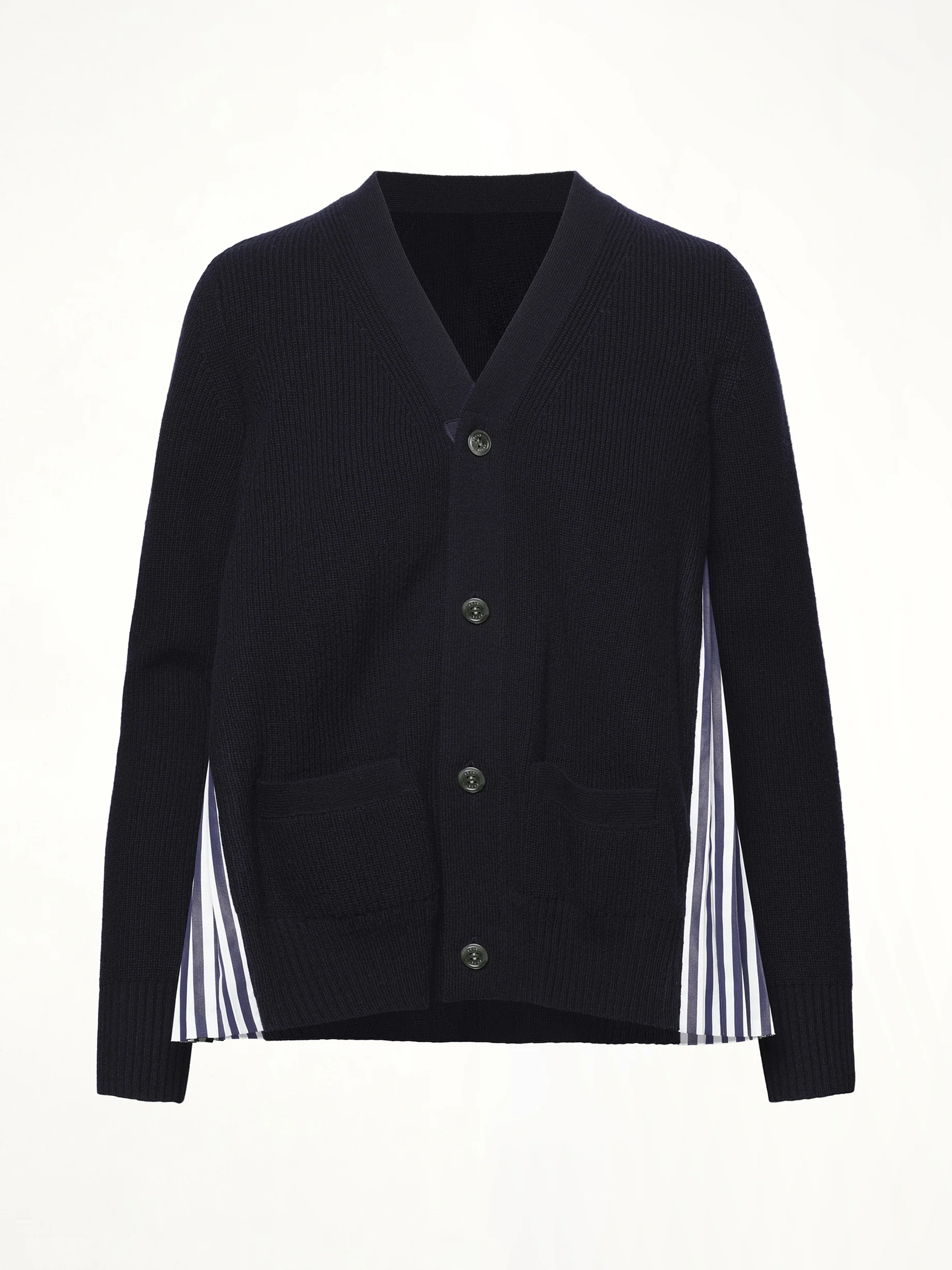 Wool Knit x Cotton Poplin Cardigan in Navy/NavyStripe - Image 2