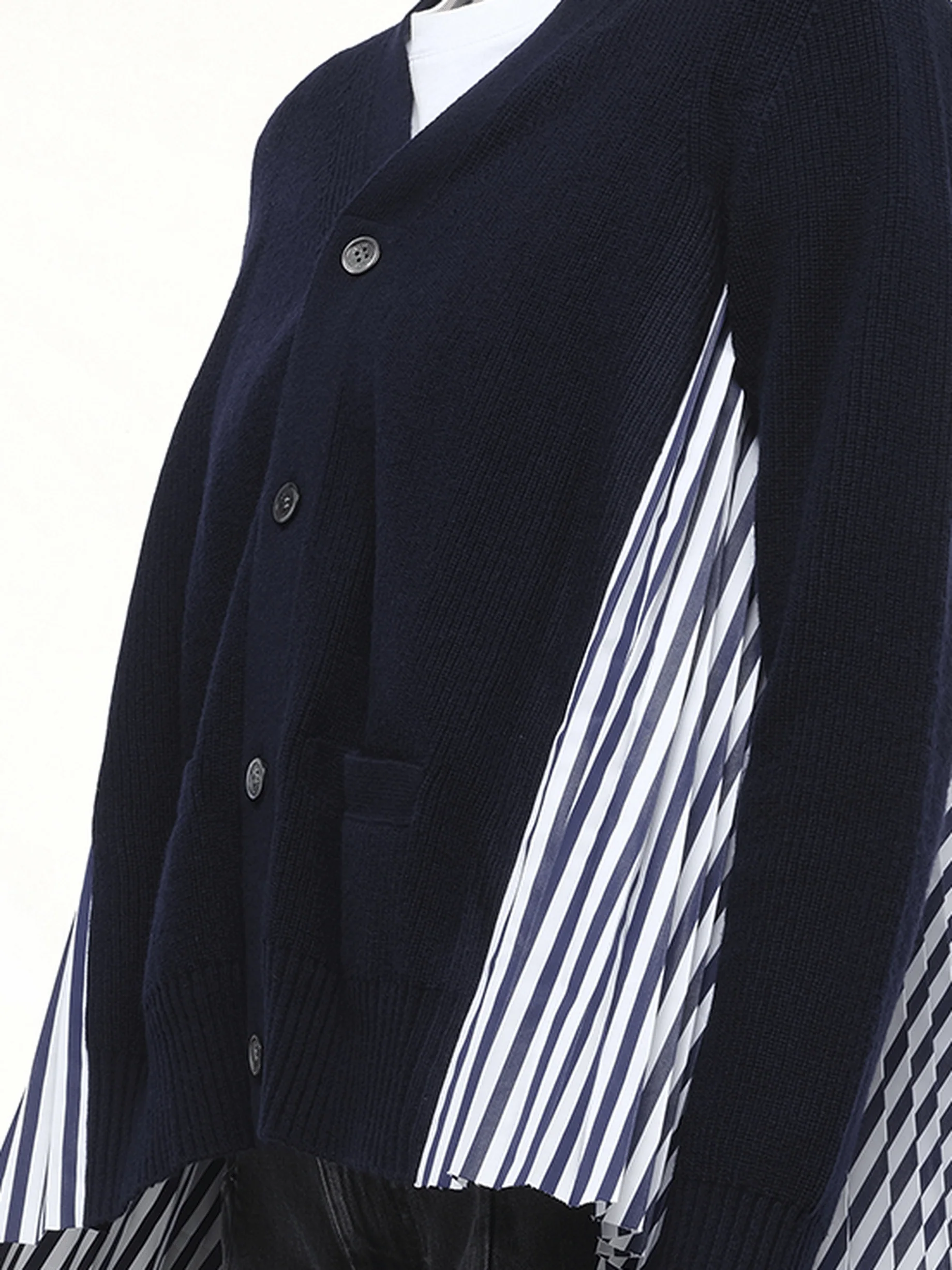 Wool Knit x Cotton Poplin Cardigan in Navy/NavyStripe - Image 3