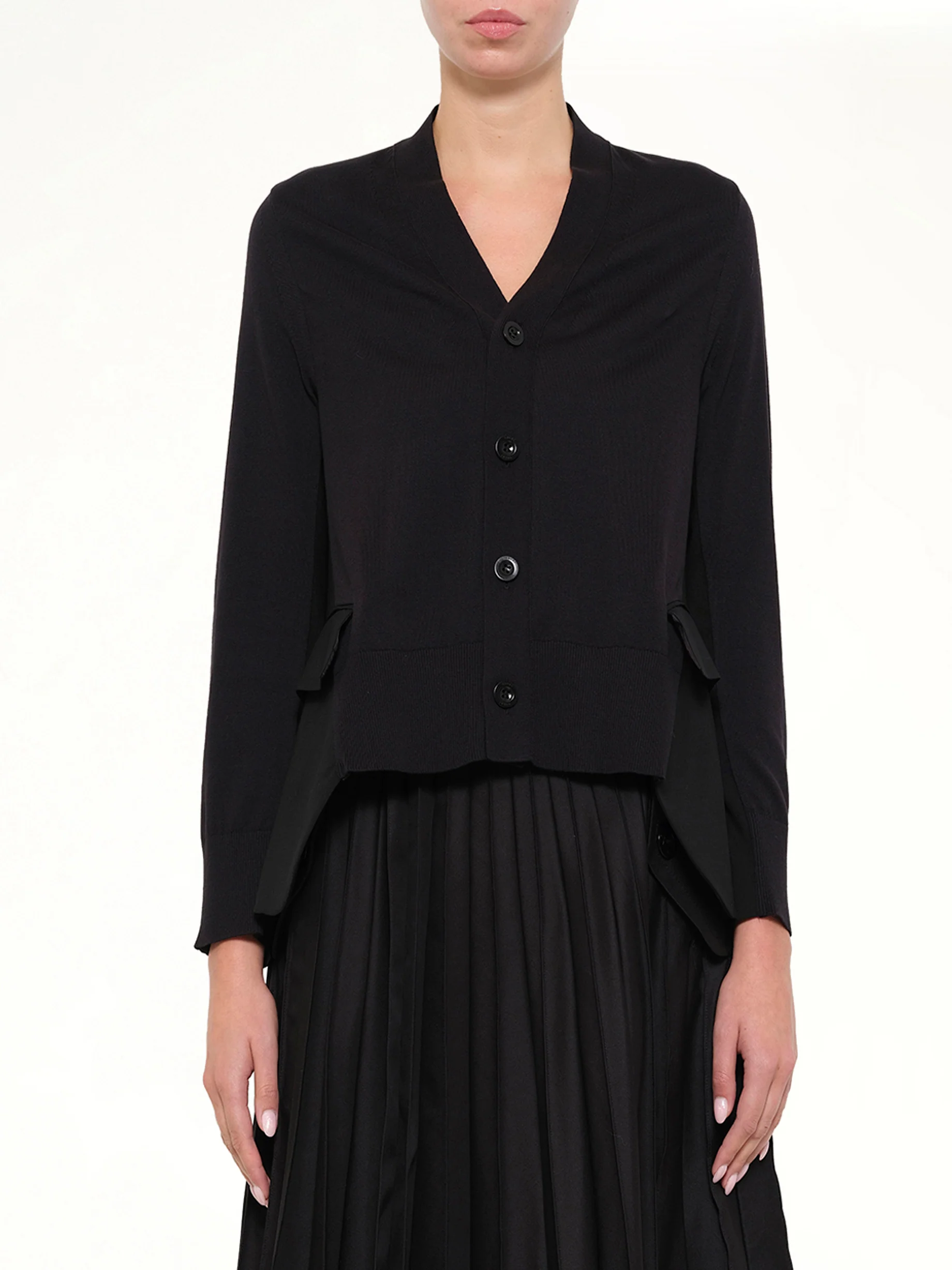 Wool Suiting x Cotton Knit Cardigan in Black