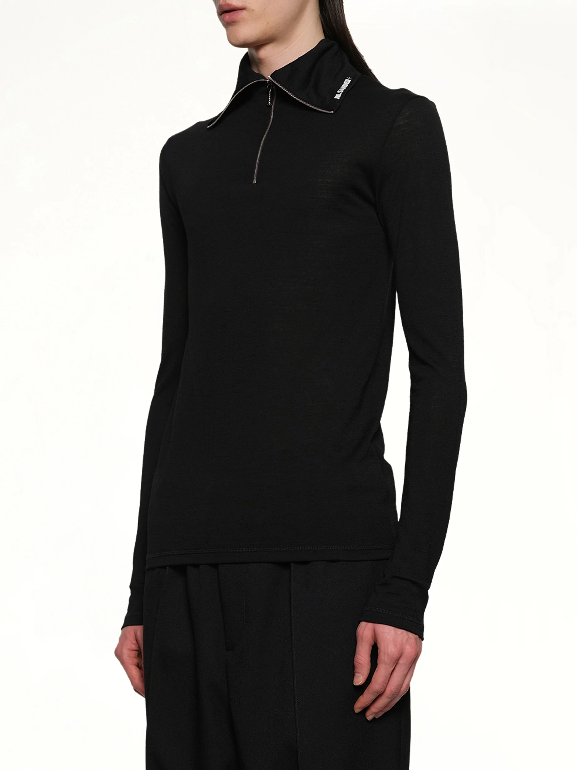 Zip Up High Neck Long Sleeve T-Shirt in Black - Image 3