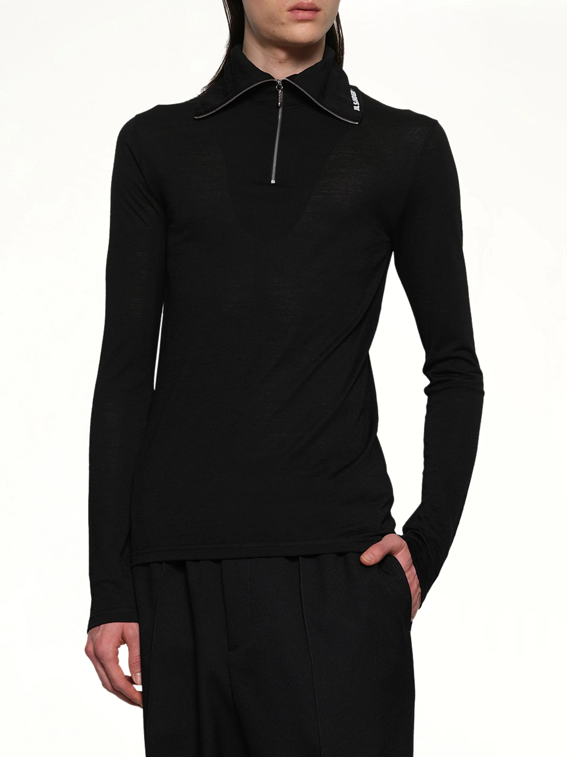Zip Up High Neck Long Sleeve T-Shirt in Black - Image 6