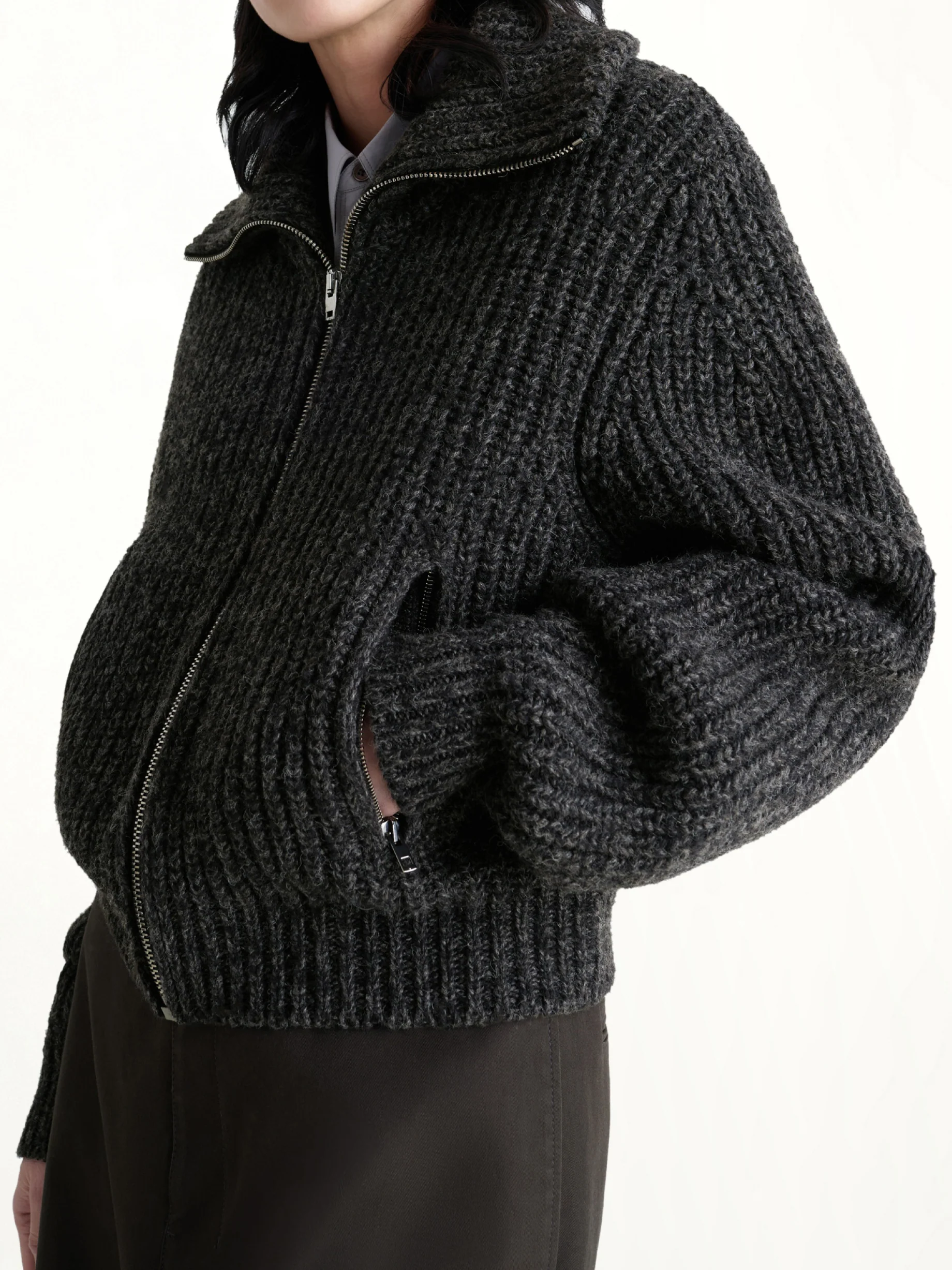 Zipped Cardigan in Black / Mink Brown - Image 3