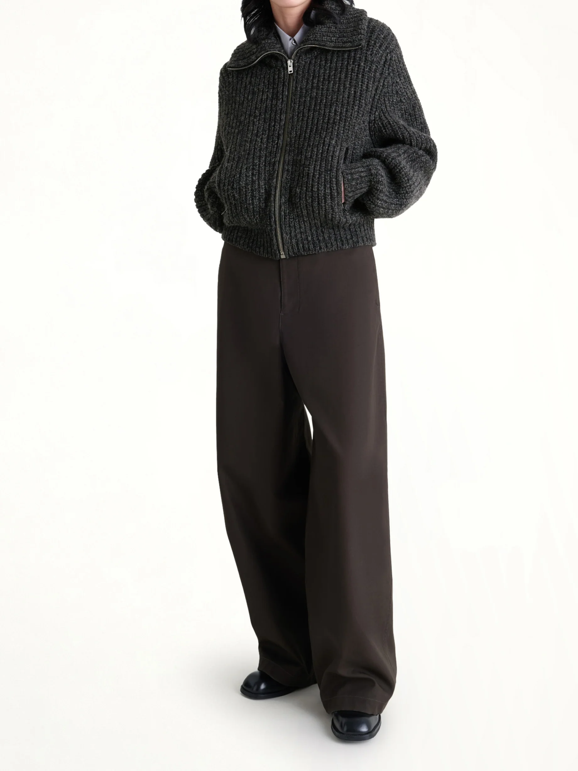 Zipped Cardigan in Black / Mink Brown - Image 4