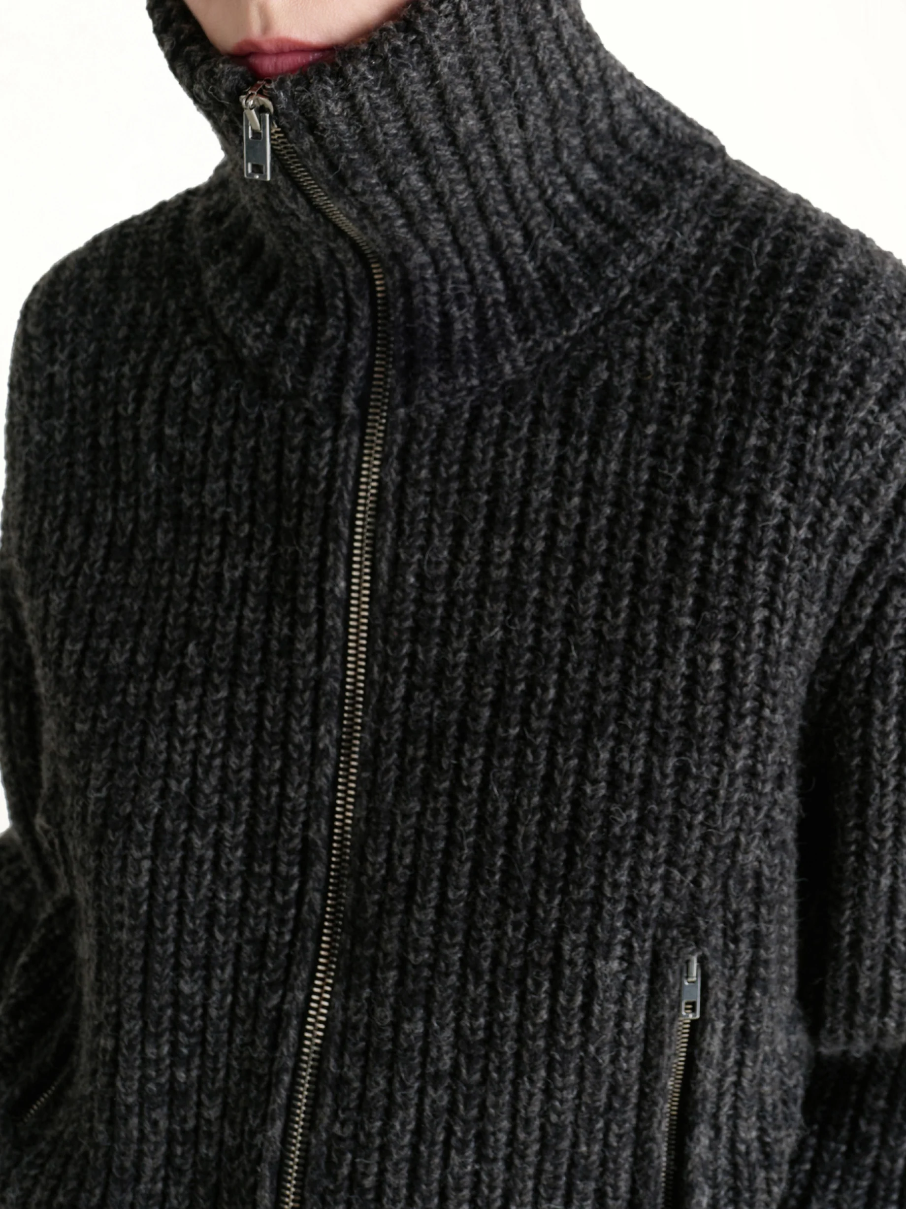 Zipped Cardigan in Black / Mink Brown - Image 7