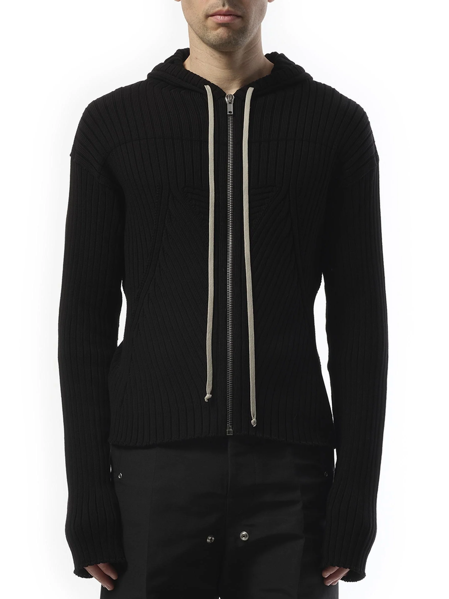 Zipped Knit Hoodie in Black