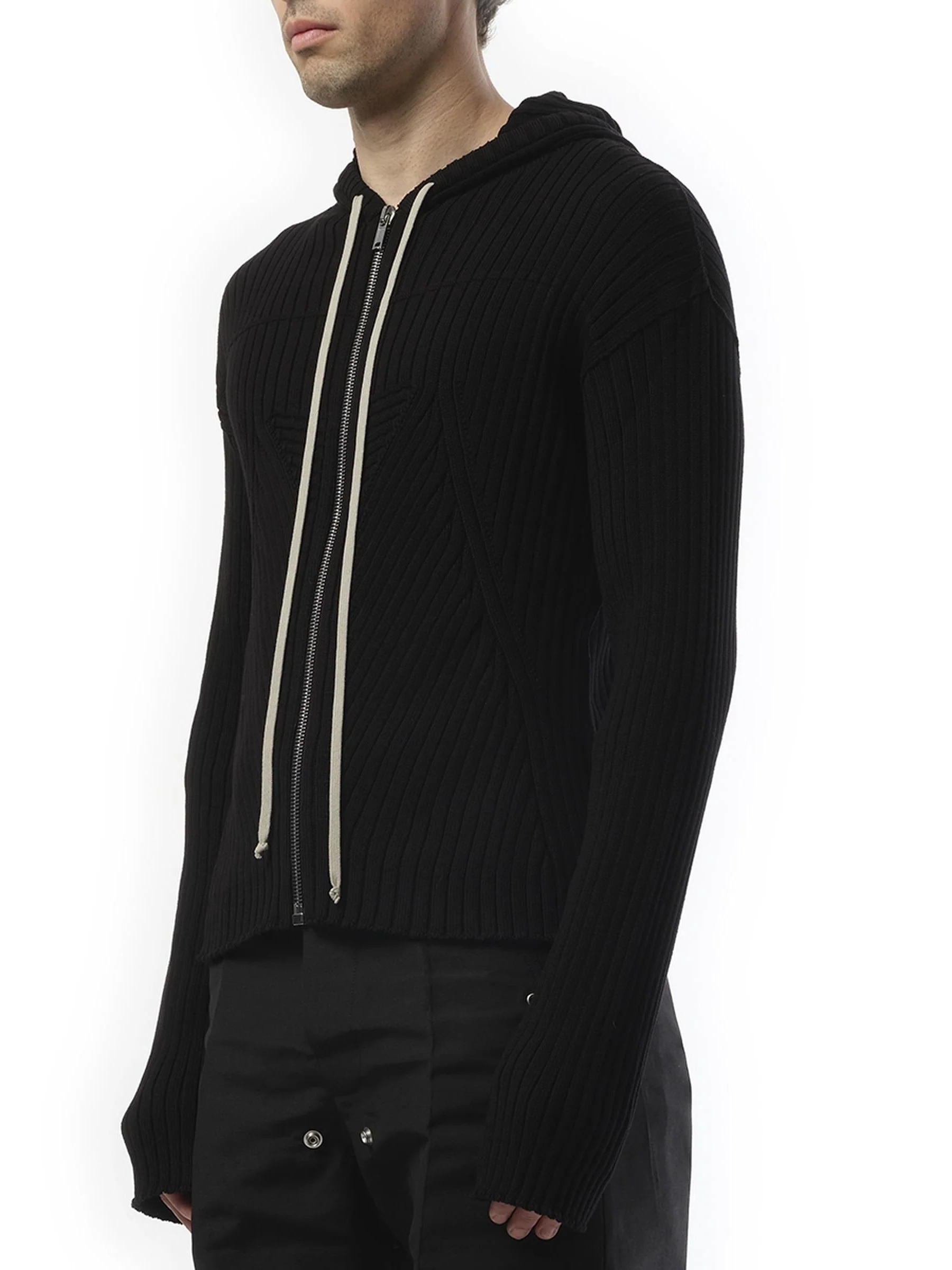 Zipped Knit Hoodie in Black - Image 6
