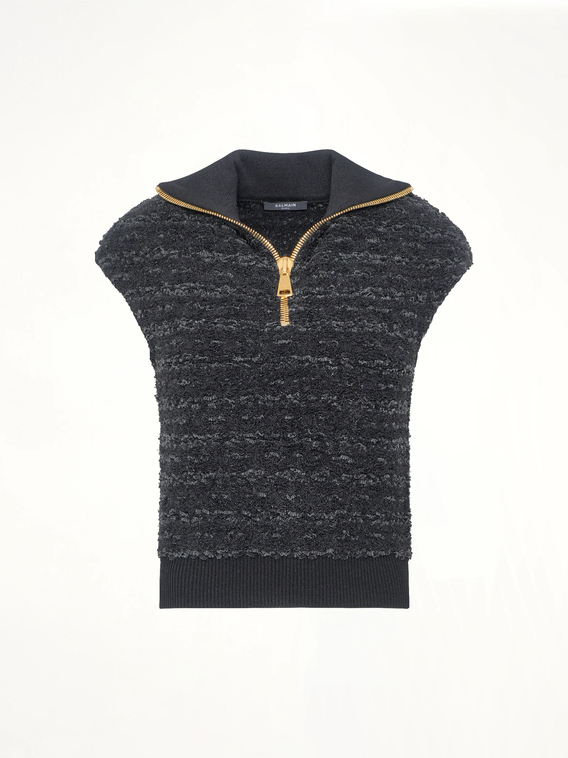 Zipped Short Sleeve Knit Tweed Top in Black - Image 2