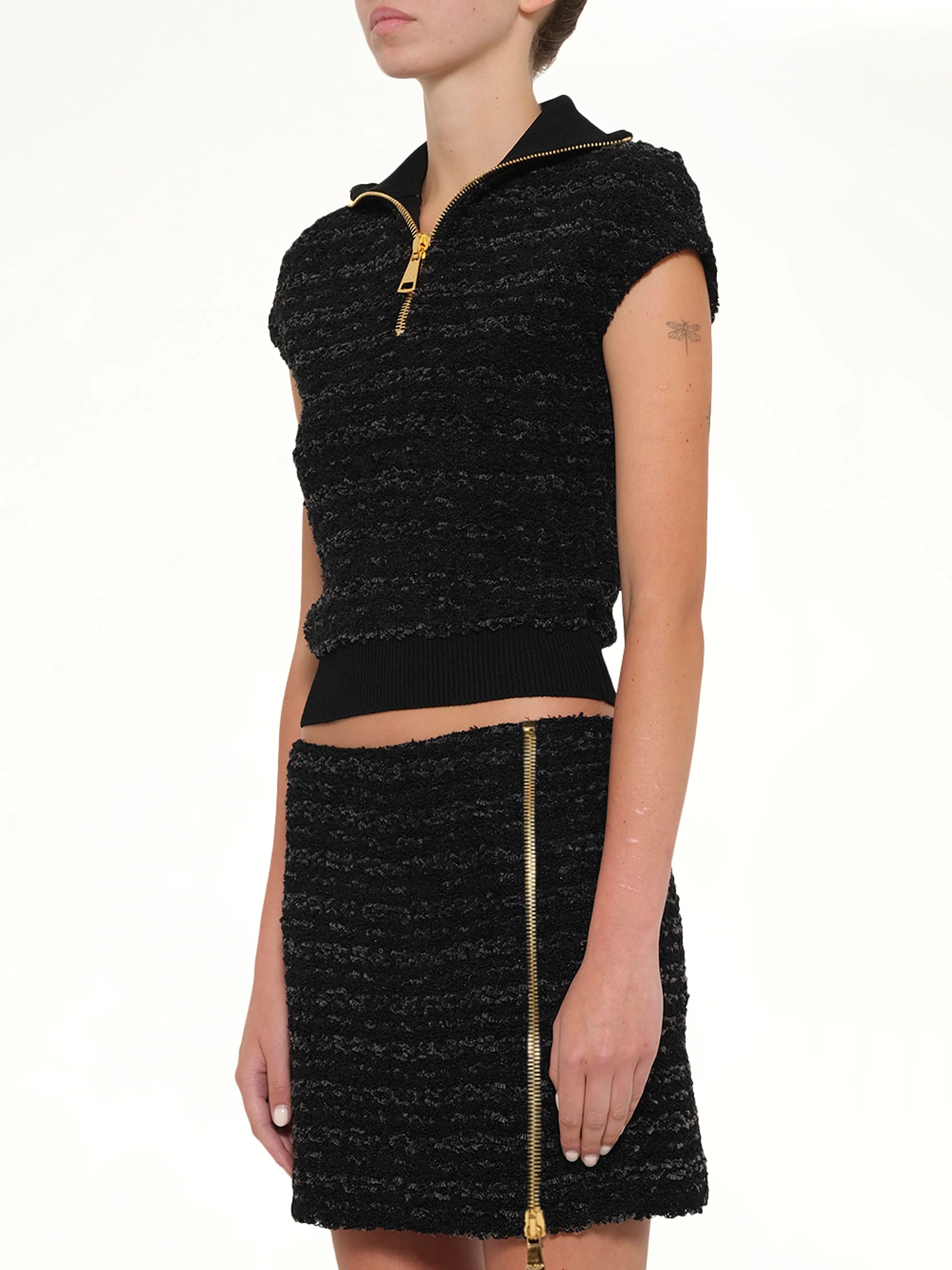 Zipped Short Sleeve Knit Tweed Top in Black - Image 3